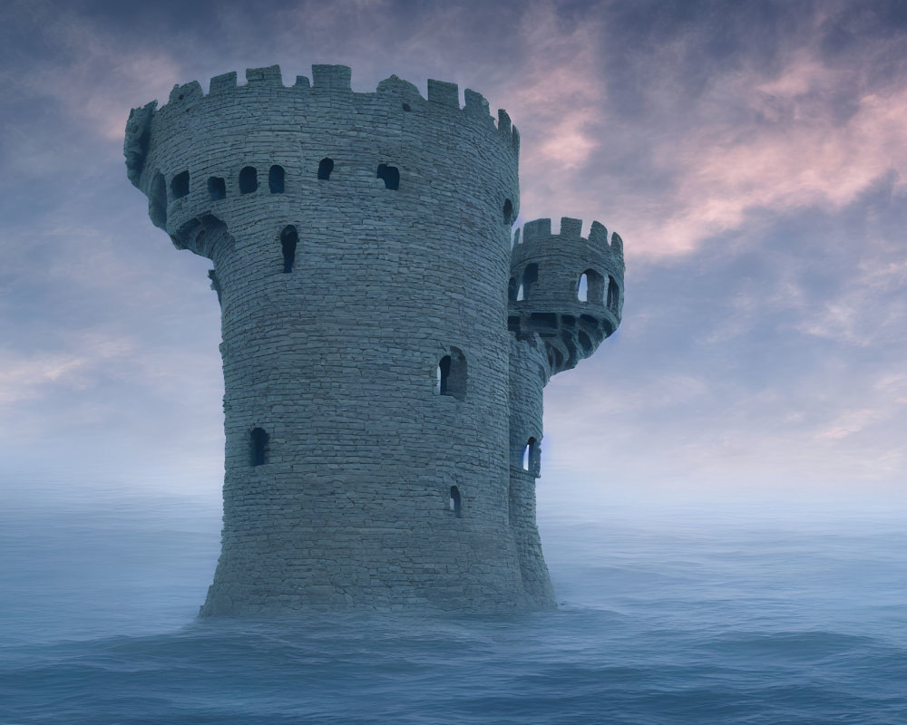 Stone tower with battlements in misty sea under twilight sky