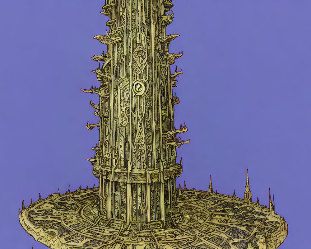 Intricately detailed golden tower against blue background