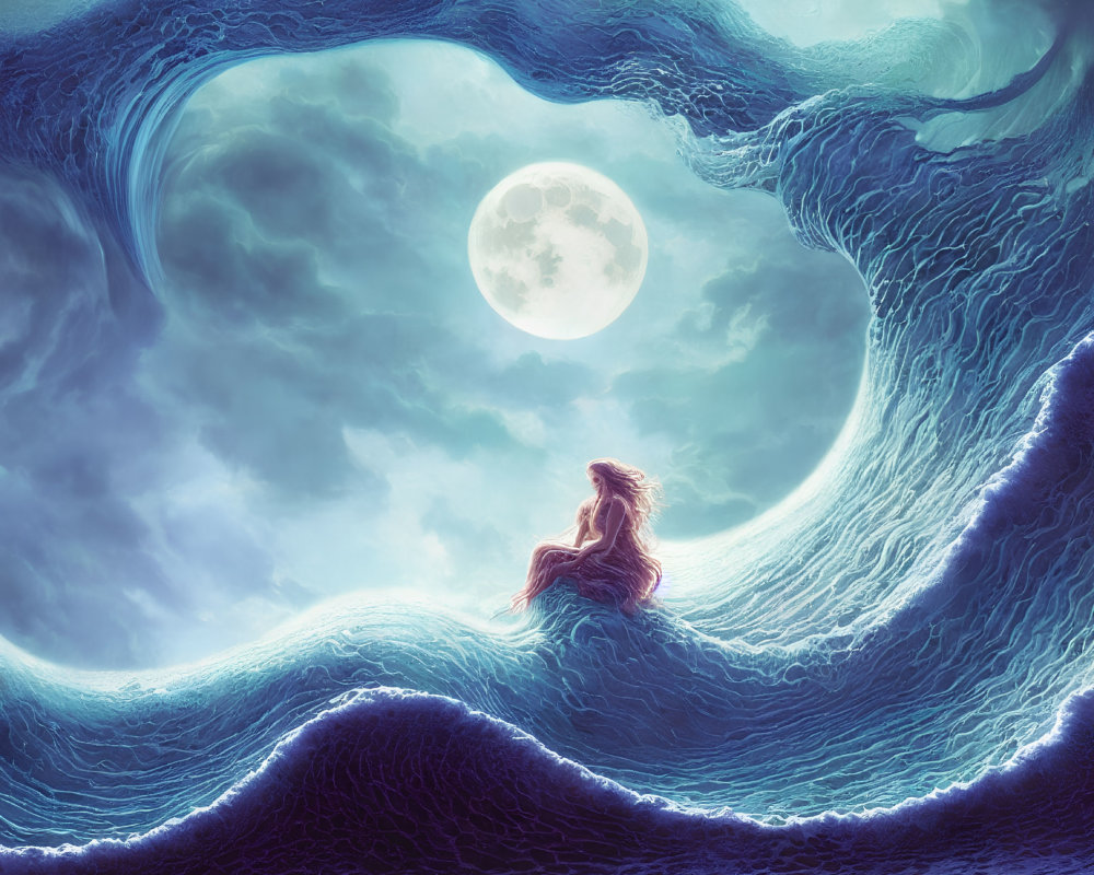 Surreal image: Woman on wave under moonlit sky