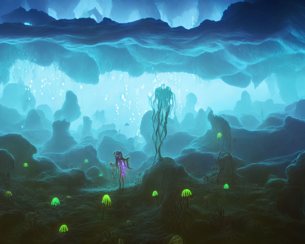 Underwater scene with mermaid, jellyfish, and glowing flora in deep blue cave