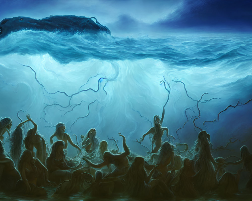 Digital painting of people in turbulent sea with spectral tentacles & monstrous creature.