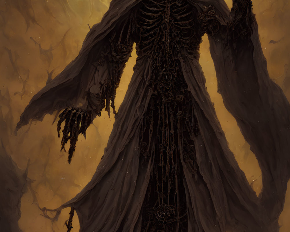 Skeletal Figure in Ornate Robes and Crown with Flames Background