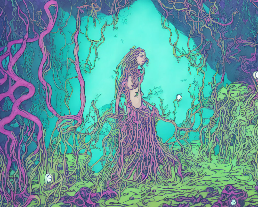 Mystical tree-trunk figure in vibrant forest with blue backdrop