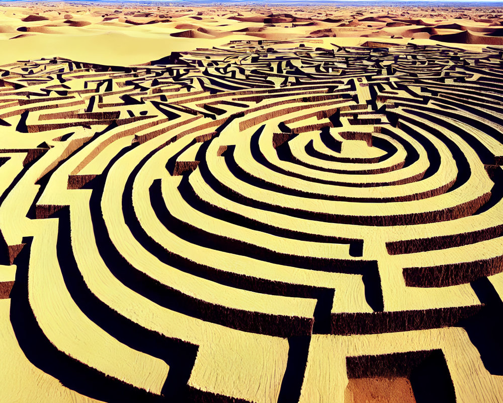 Geometric labyrinth pattern in vast desert landscape