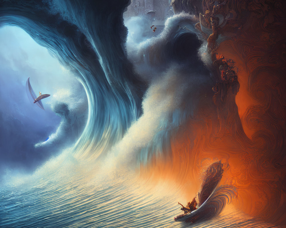 Fantastical painting of small boat in swirling ocean waves with dragon and castle