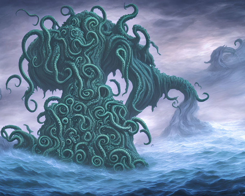 Majestic sea monster with serpentine tentacles in misty ocean scene