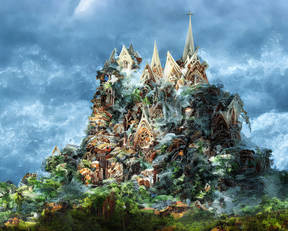 Fantasy castle with pointed spires on mountain surrounded by clouds and greenery