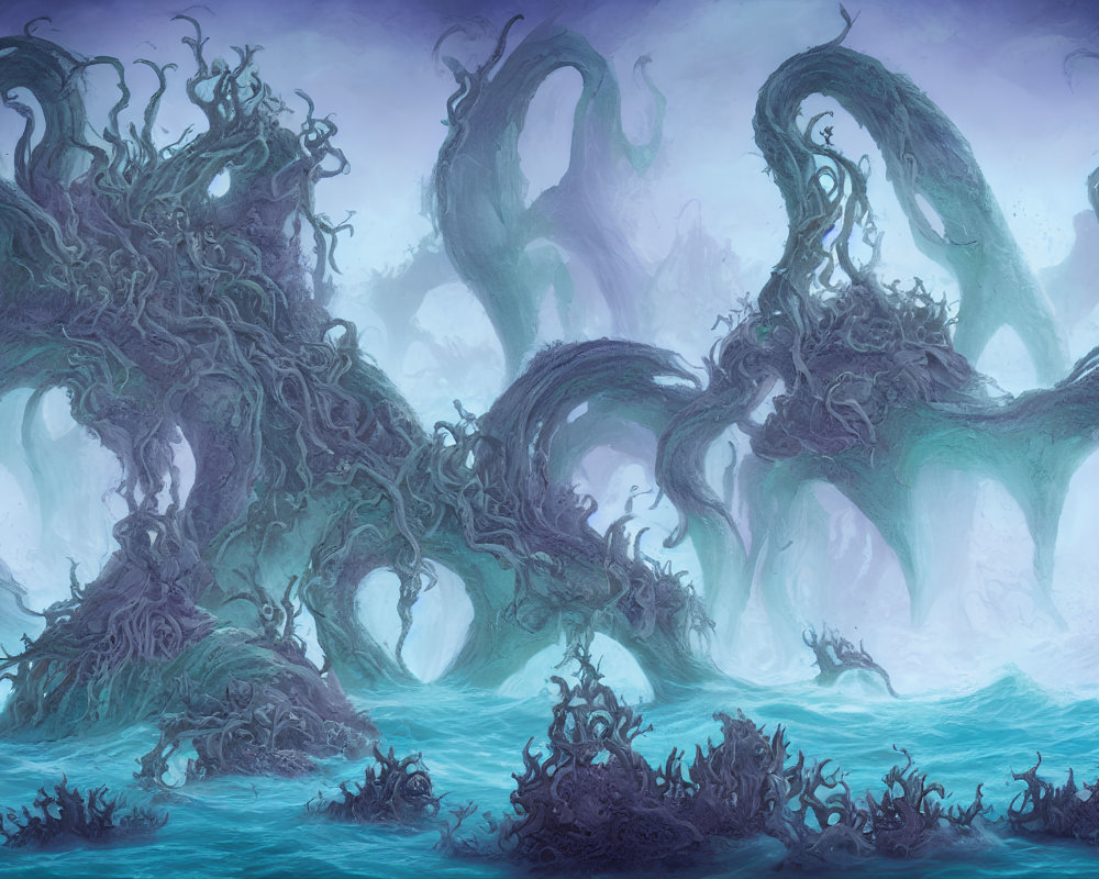 Twisted tree-like structures in mystical sea under purple sky