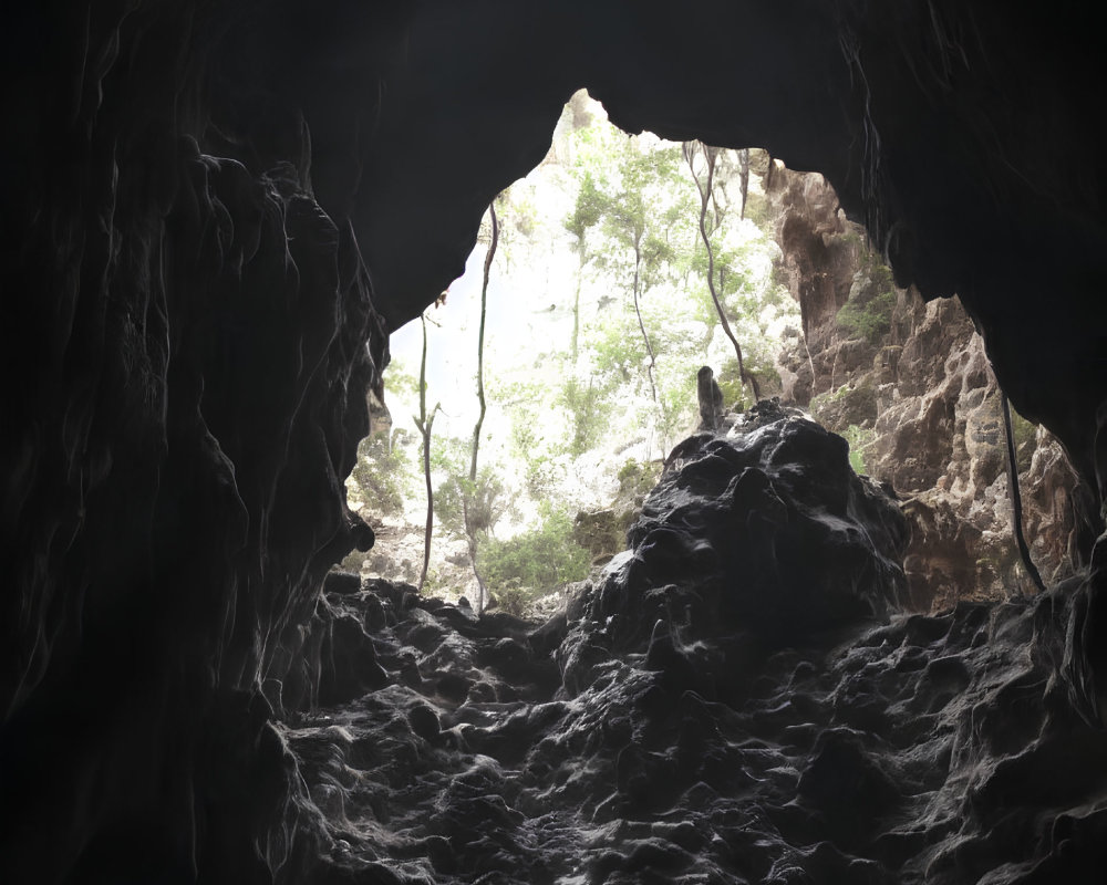 Dimly lit cave interior with rocky floor and bright natural opening.