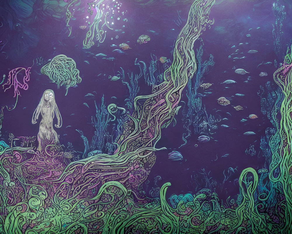 Vibrant underwater scene with jellyfish, fish, and spectral figure on coral.