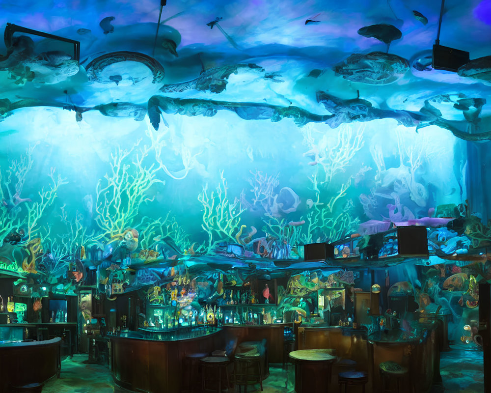 Vibrant Blue Lighting and Sea Creature Decor in Underwater Bar