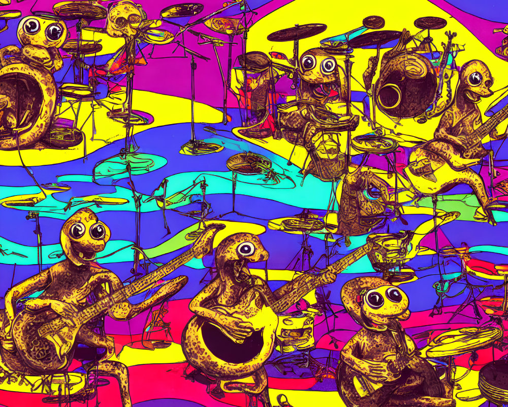 Colorful Cartoon Aliens Playing Musical Instruments on Psychedelic Background