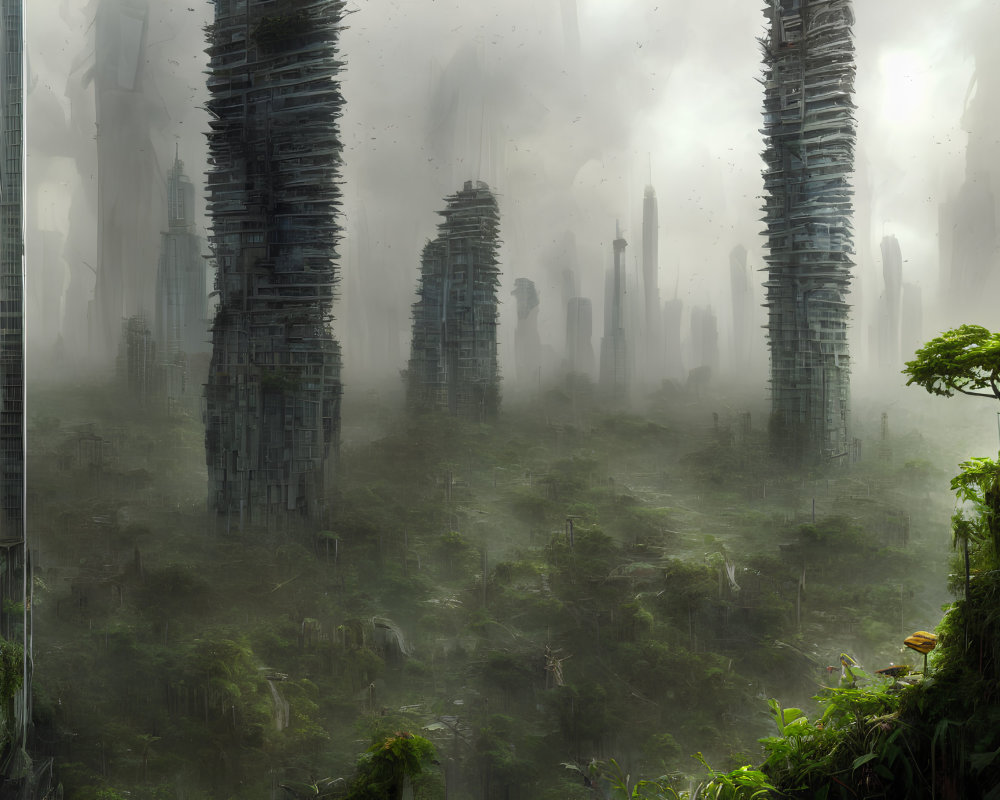 Futuristic cityscape with overgrown skyscrapers and misty atmosphere