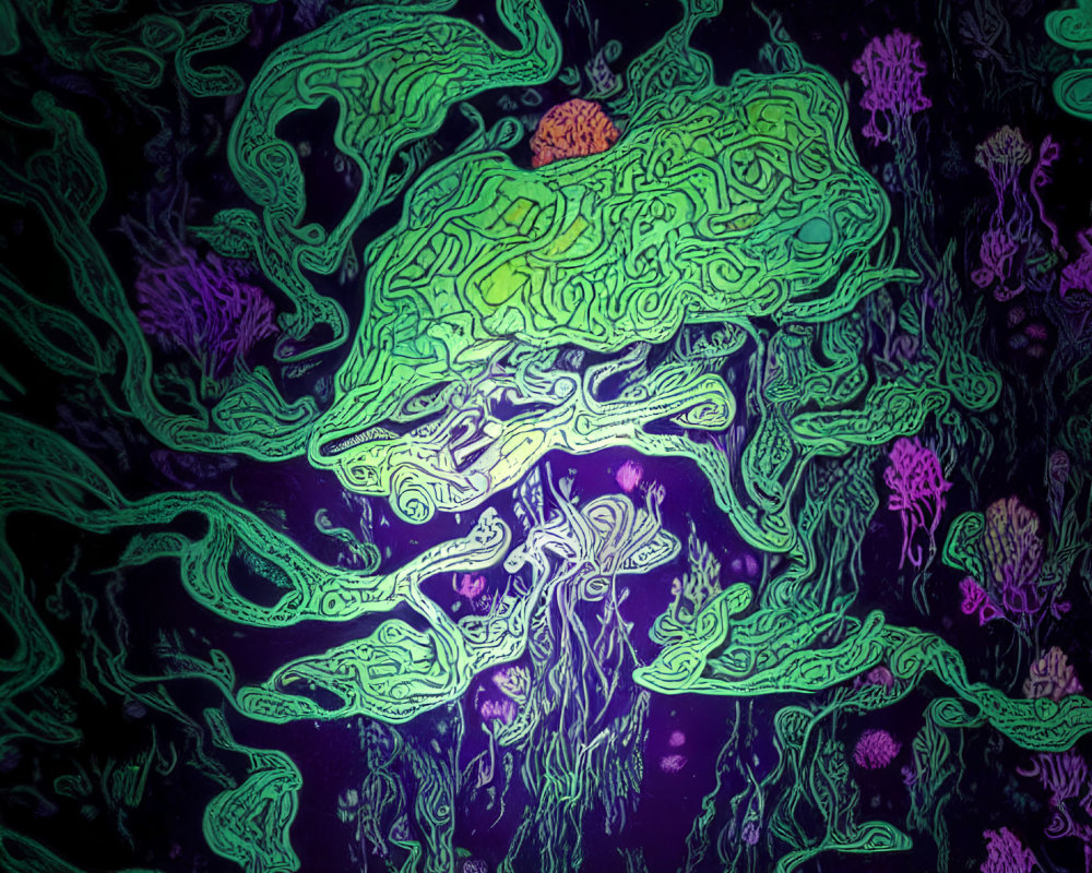 Vivid psychedelic underwater scene with neon coral patterns