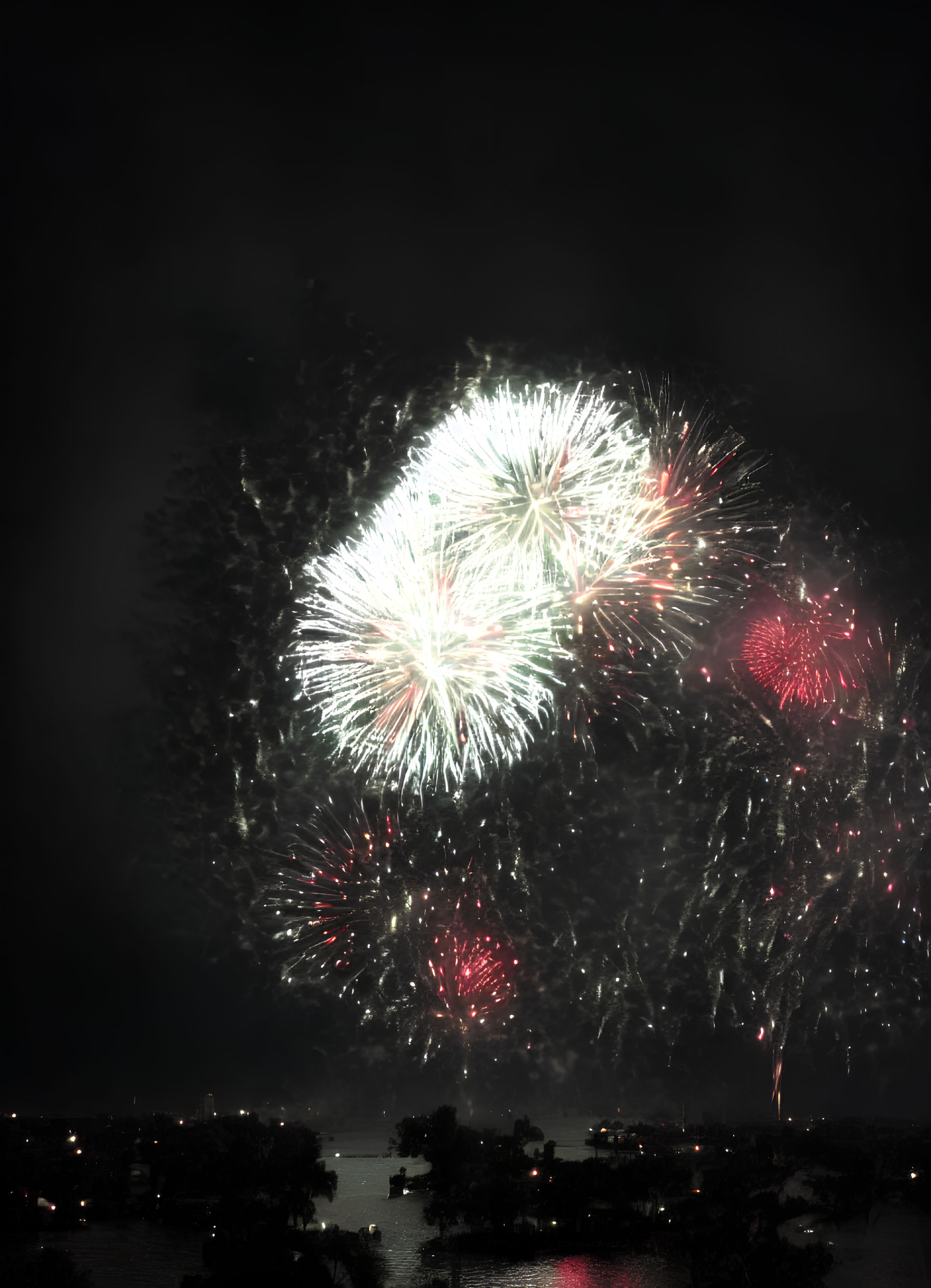 Colorful fireworks illuminate night sky over tree-lined landscape and water.