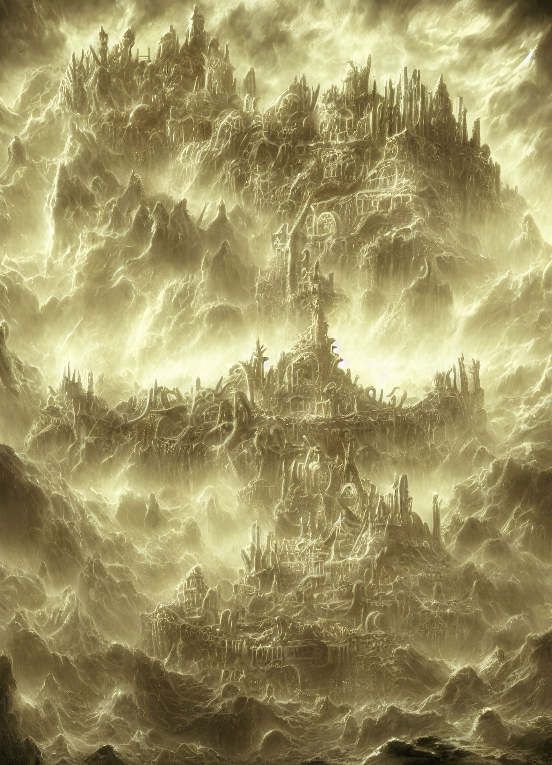 Sepia-Toned City with Intricate Architecture on Wave-Engulfed Cliffs