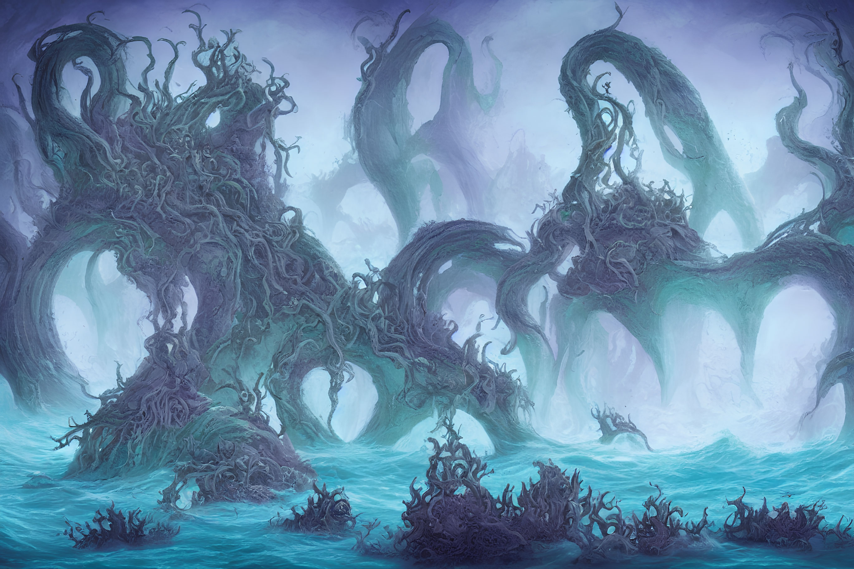 Twisted tree-like structures in mystical sea under purple sky