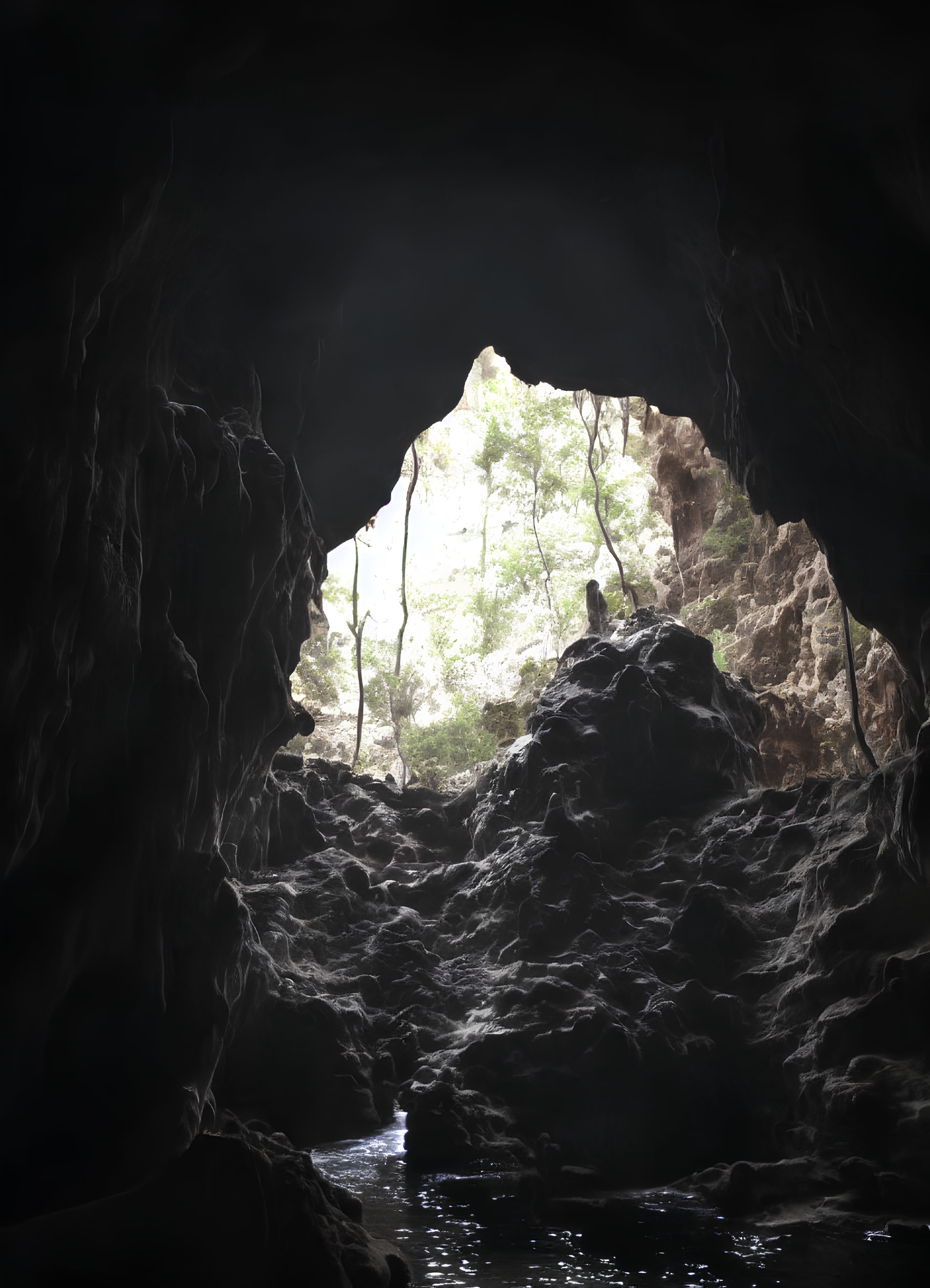 Dimly lit cave interior with rocky floor and bright natural opening.