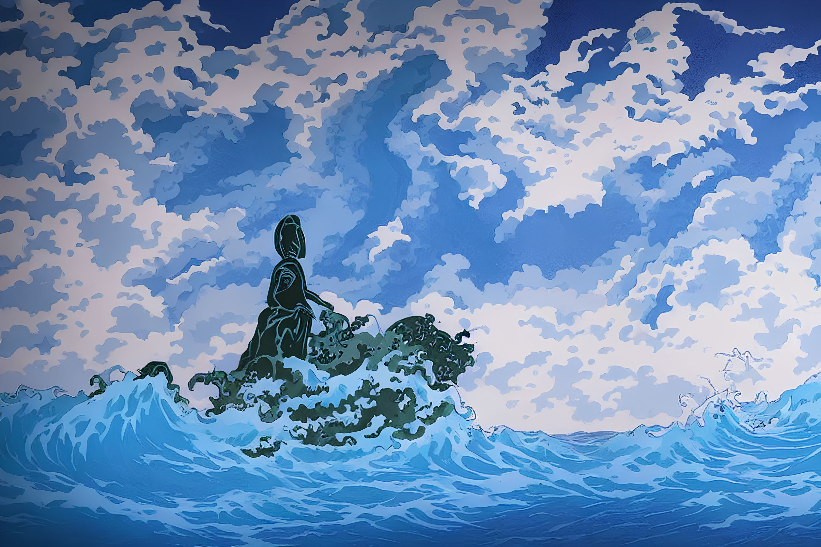 Stylized illustration of person surfing large wave under cloudy sky