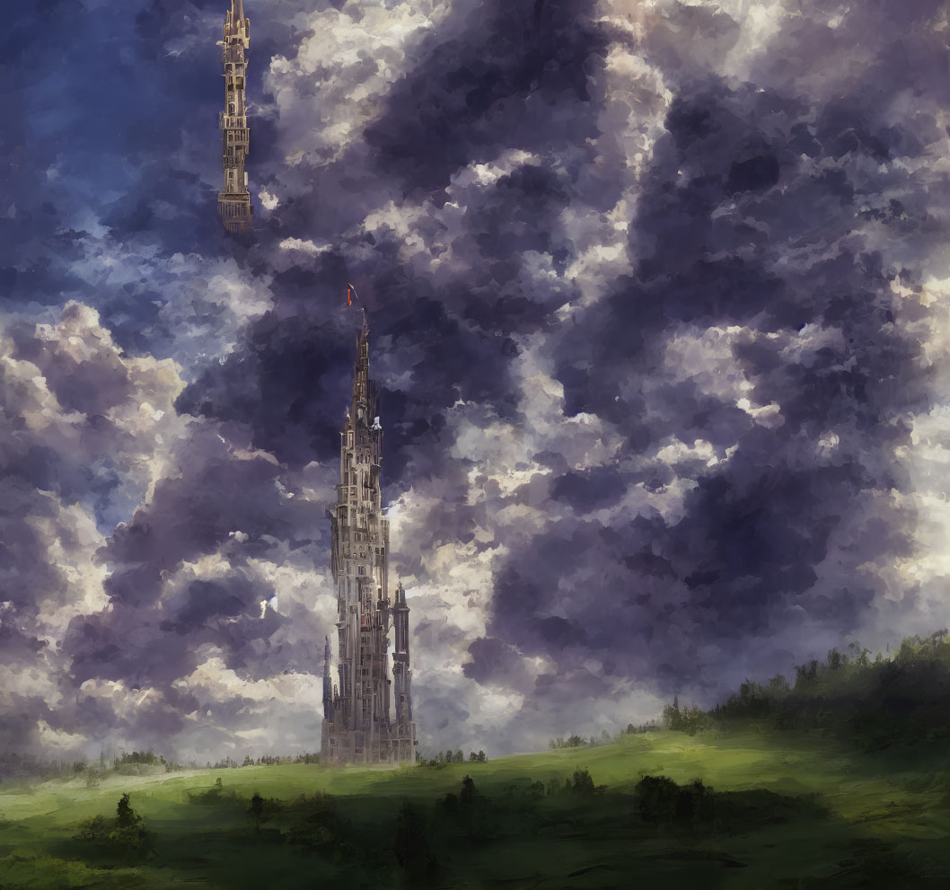 Digital Painting: Towers in Dramatic Sky Above Green Landscape