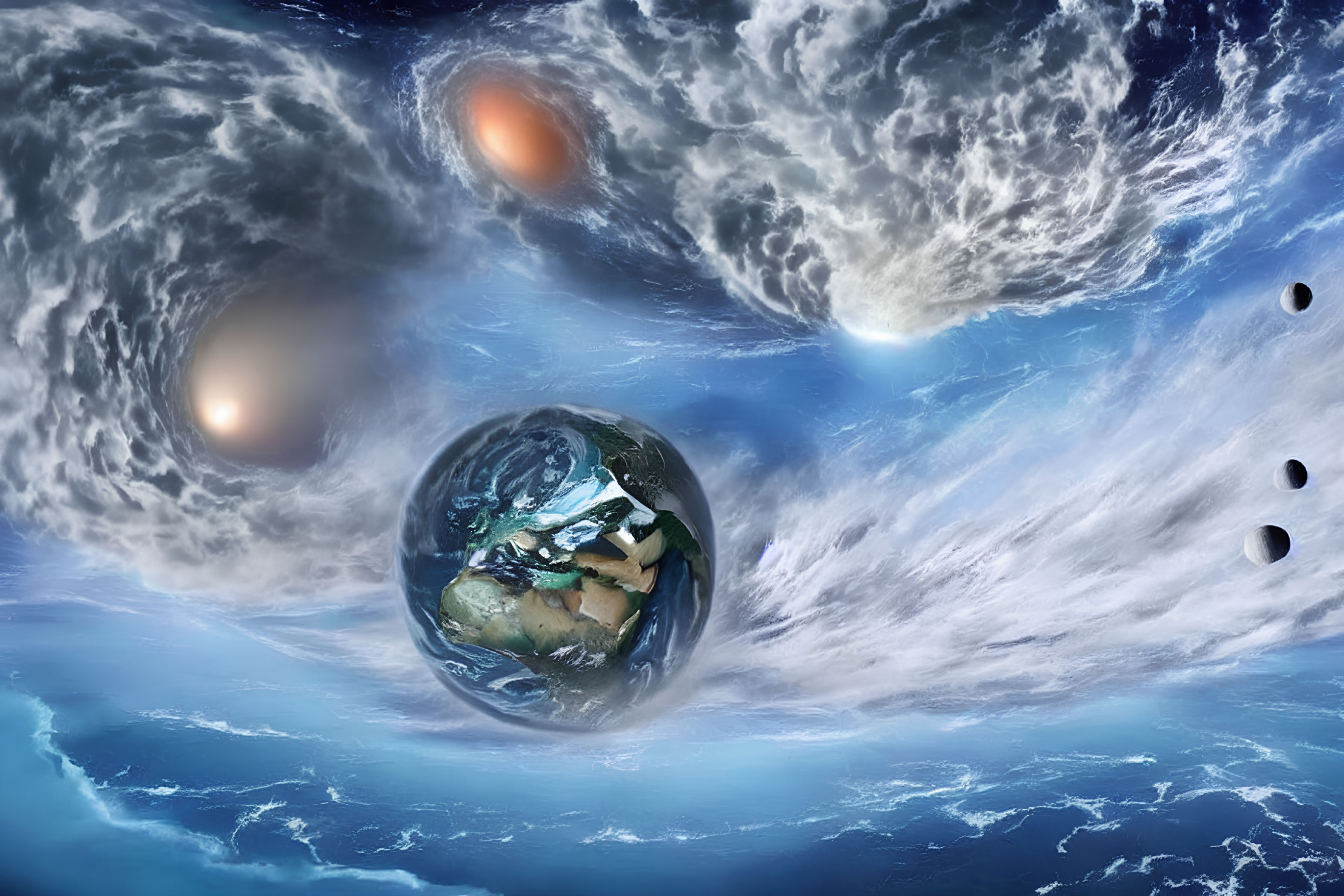 Surreal cosmic scene with Earth and celestial bodies in blue space