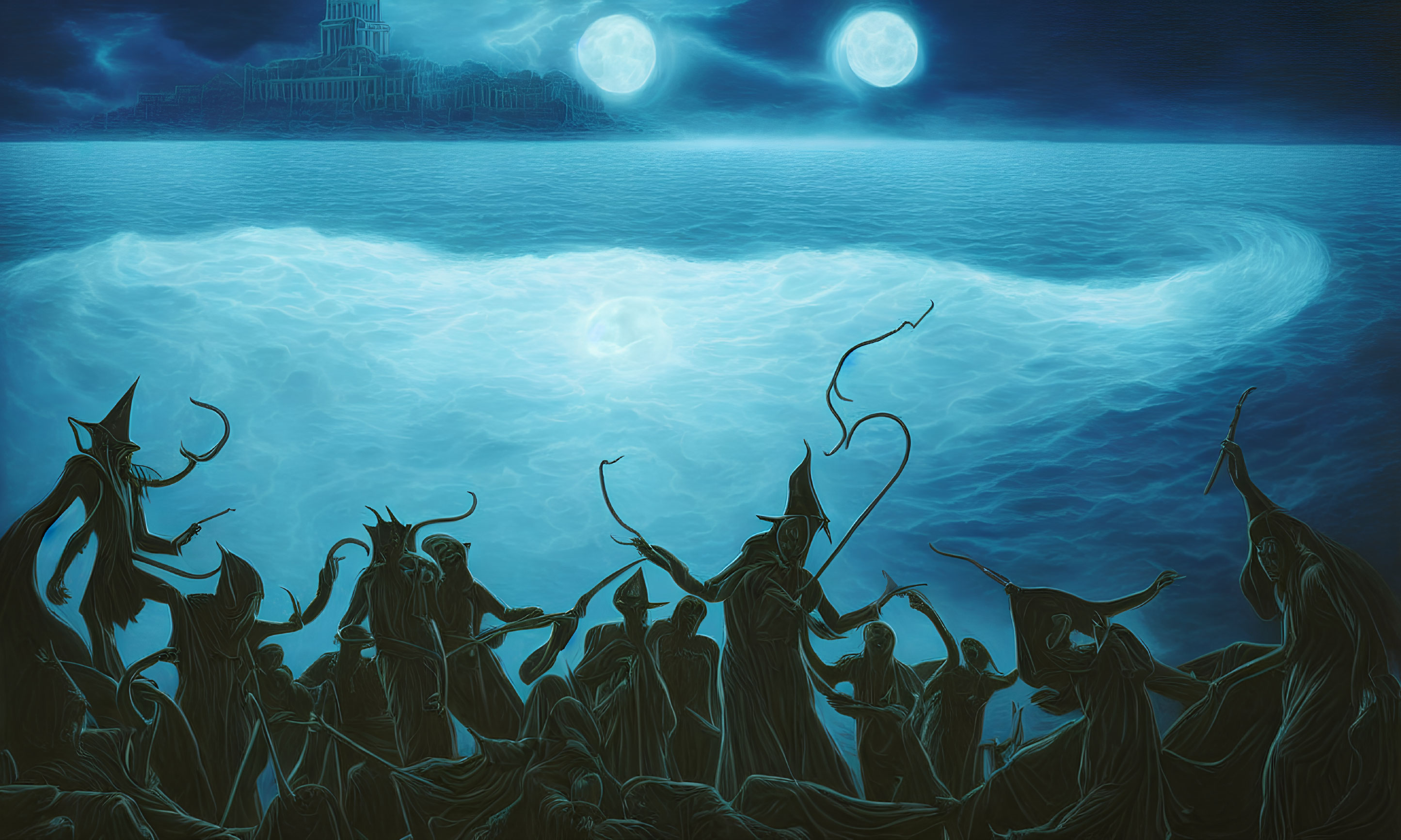 Mysterious cloaked figures by glowing sea with two moons and castle