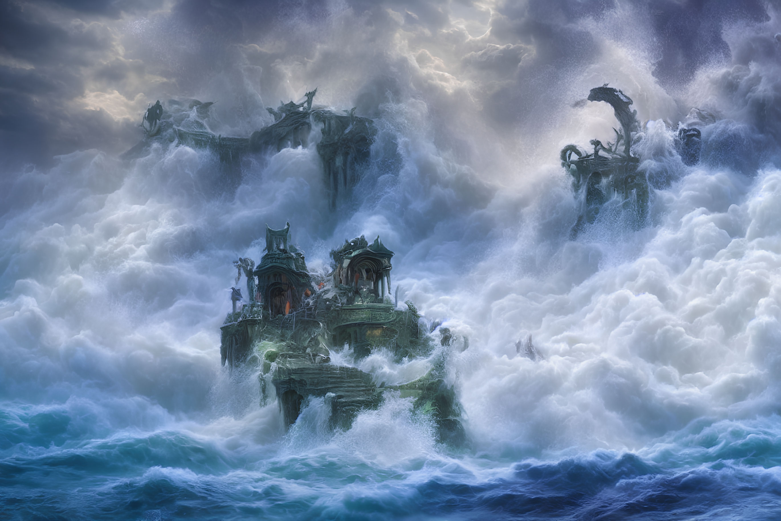 Fantastical Asian-style seascape with sea dragons and stormy waves