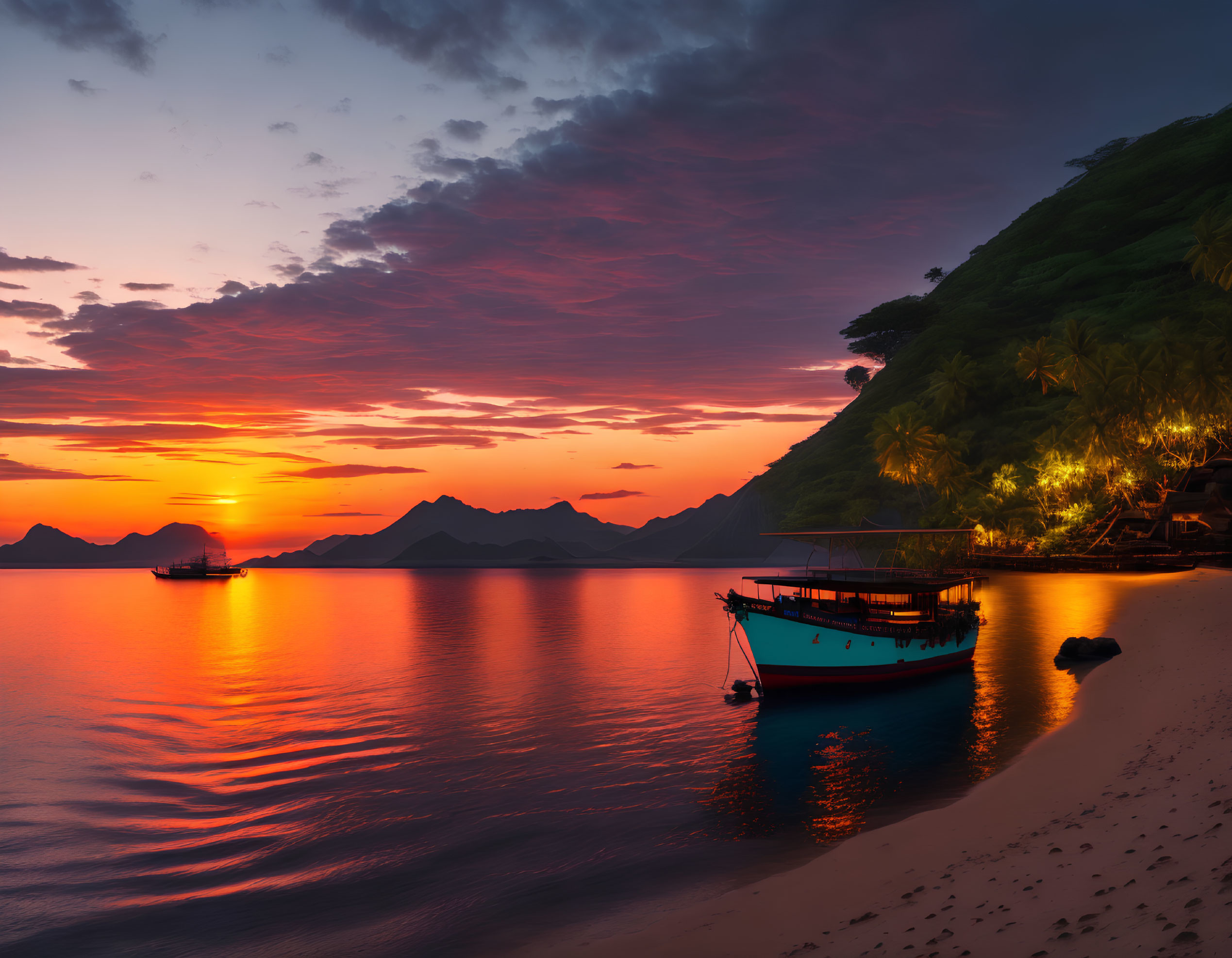 Tranquil beach scene with boat, sunset, mountains, and palm trees