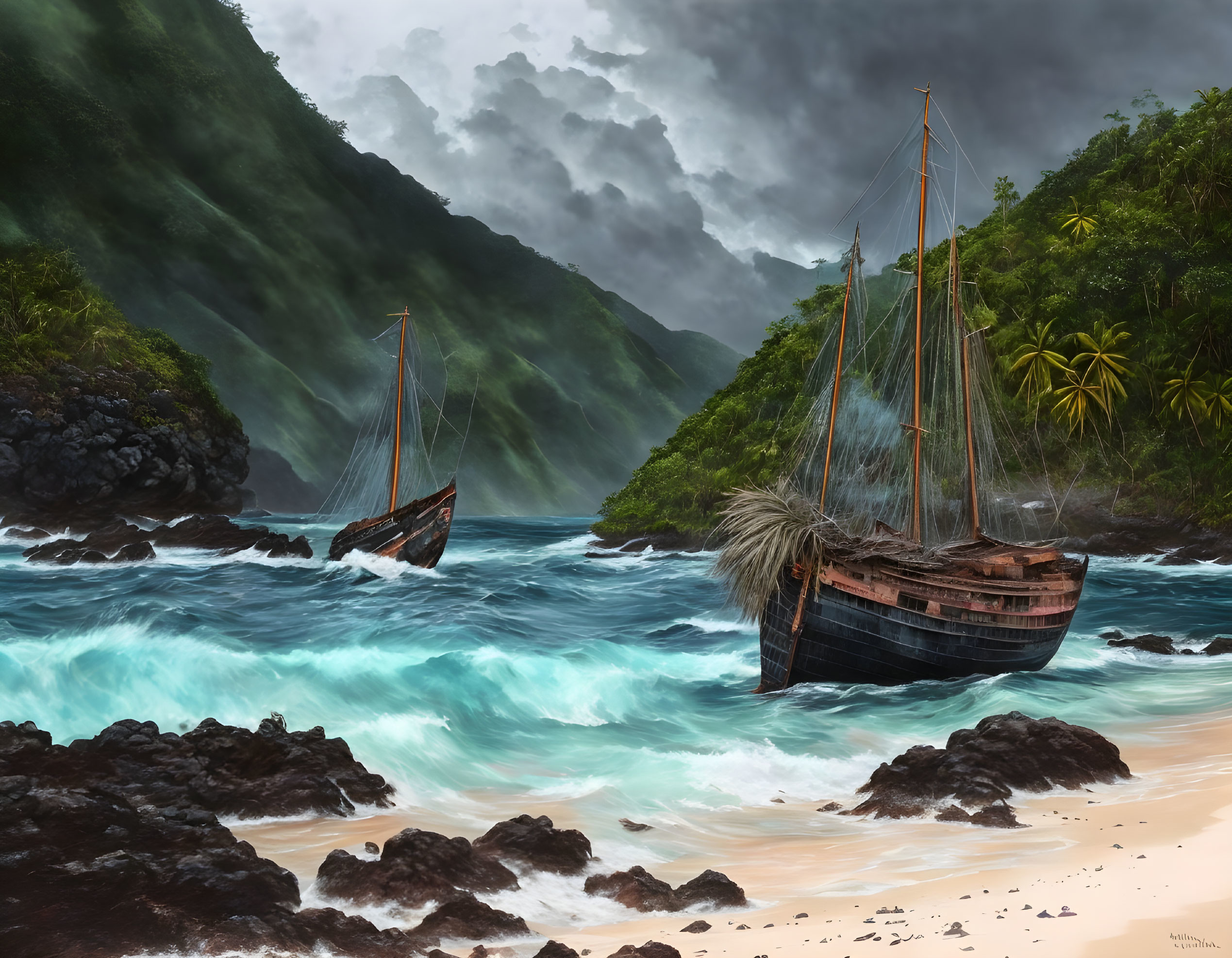 Weathered ships stranded on stormy beach with lush cliffs and palm trees.