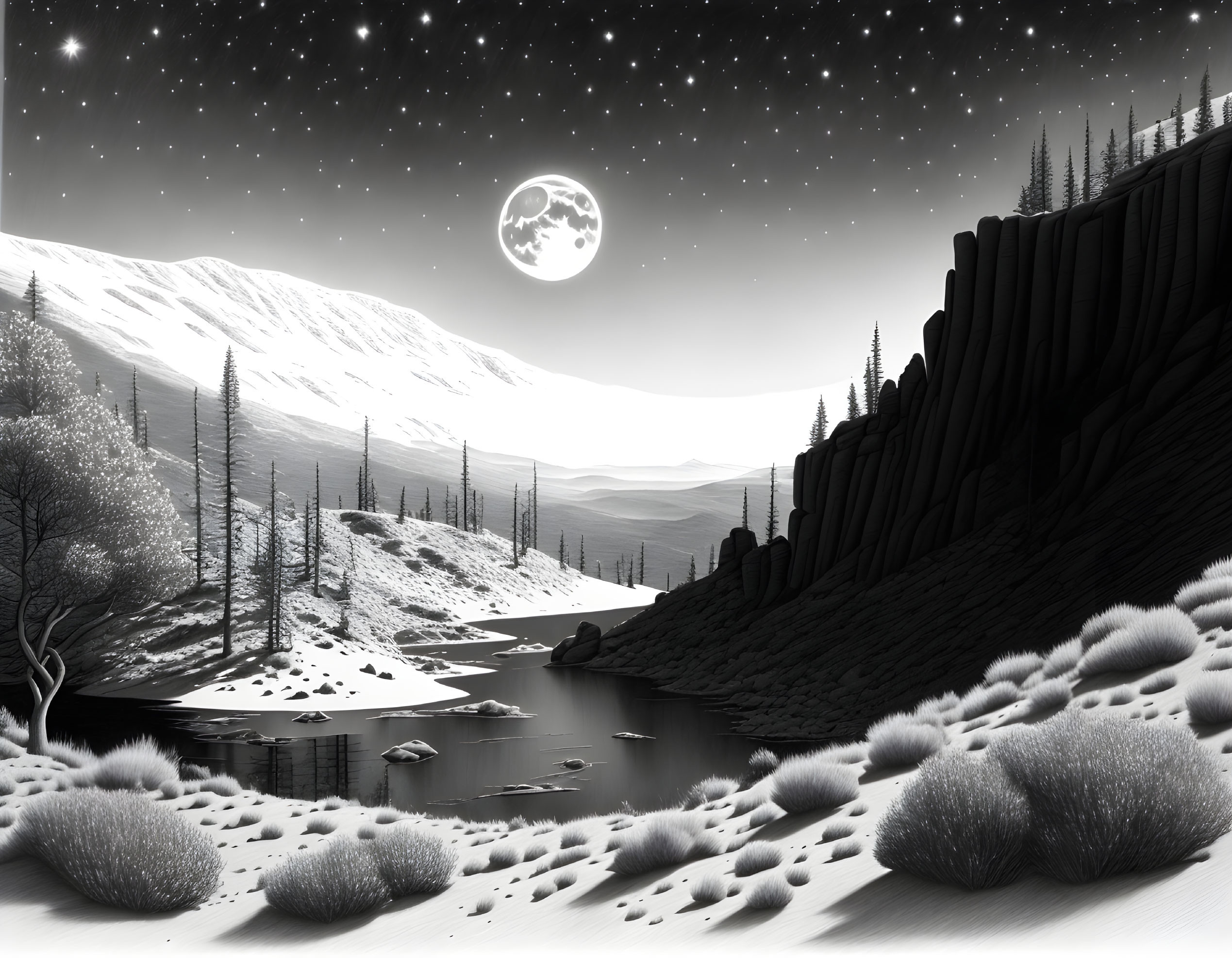 Snowy Monochrome Landscape with Full Moon, Pine Trees, Mountains, Lake, and Starry Sky