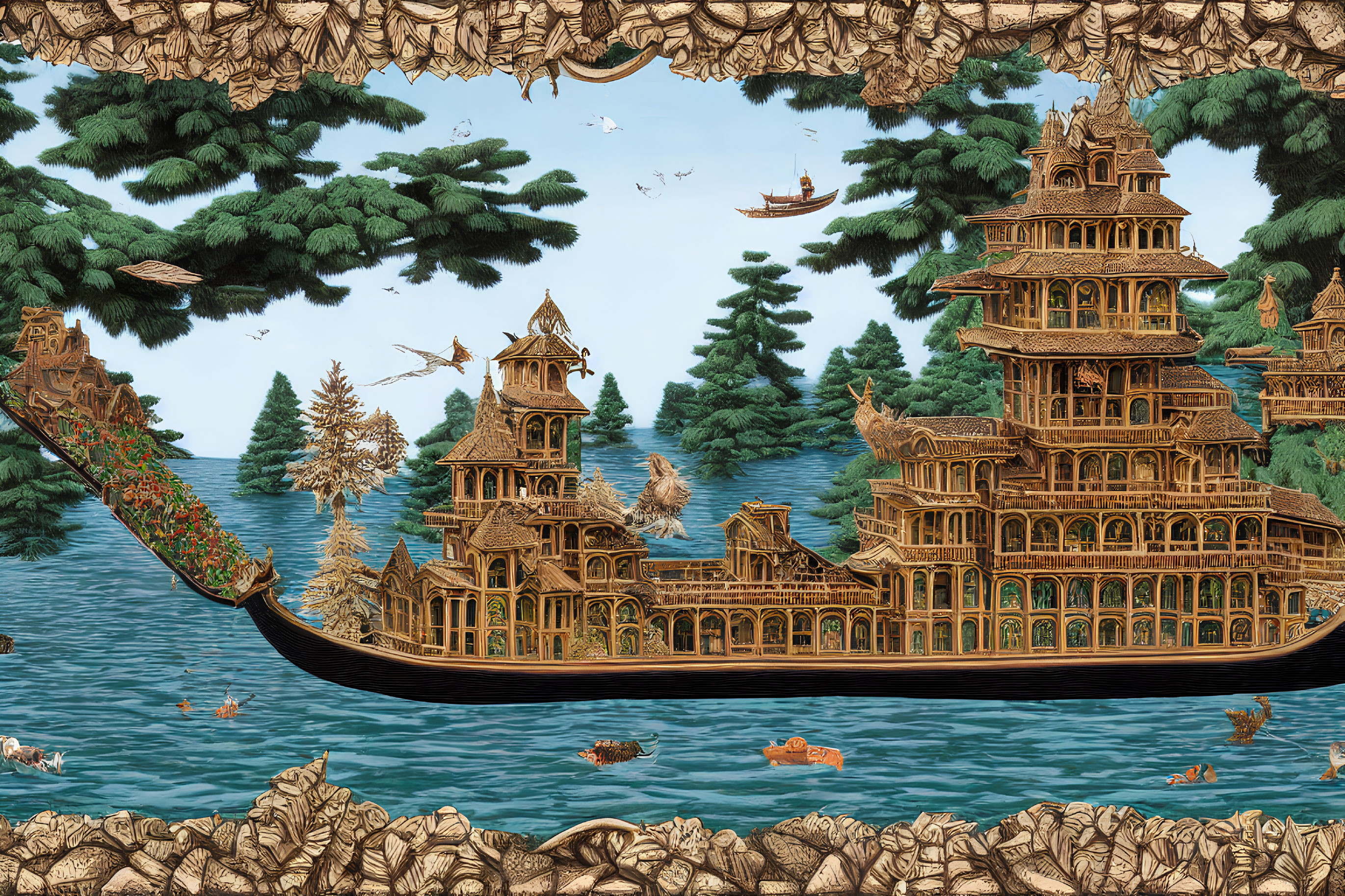 Elaborate tapestry of pagoda-like structures on a boat in serene setting