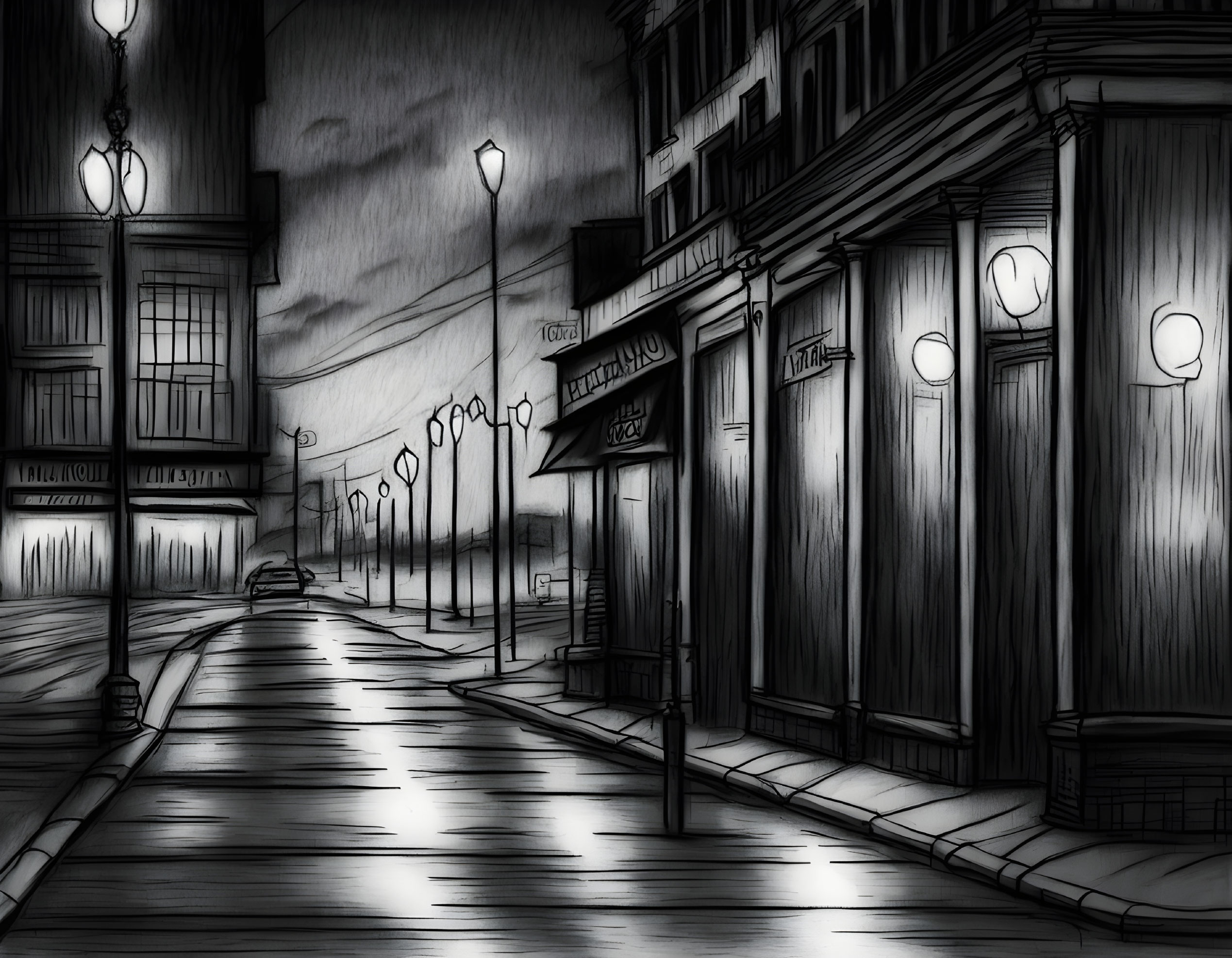 Monochrome night scene: deserted street with glowing street lamps and reflective wet pavement