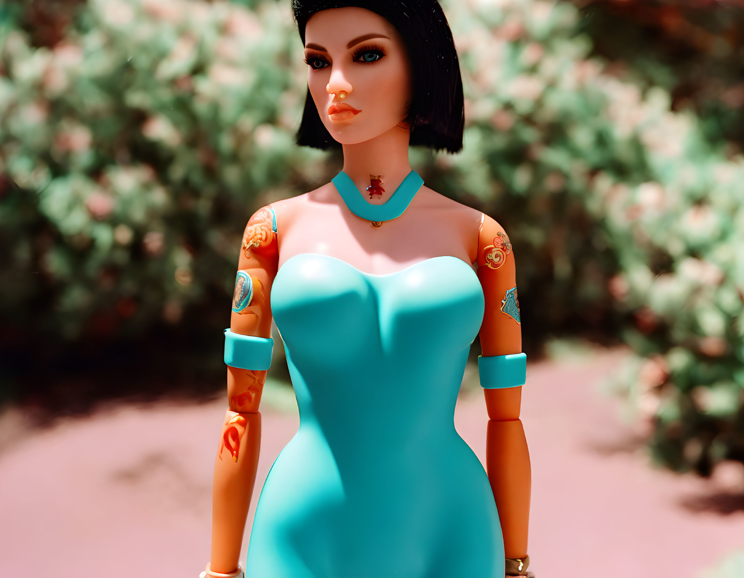 Mannequin with Black Hair and Tattoos in Turquoise Dress against Green Foliage