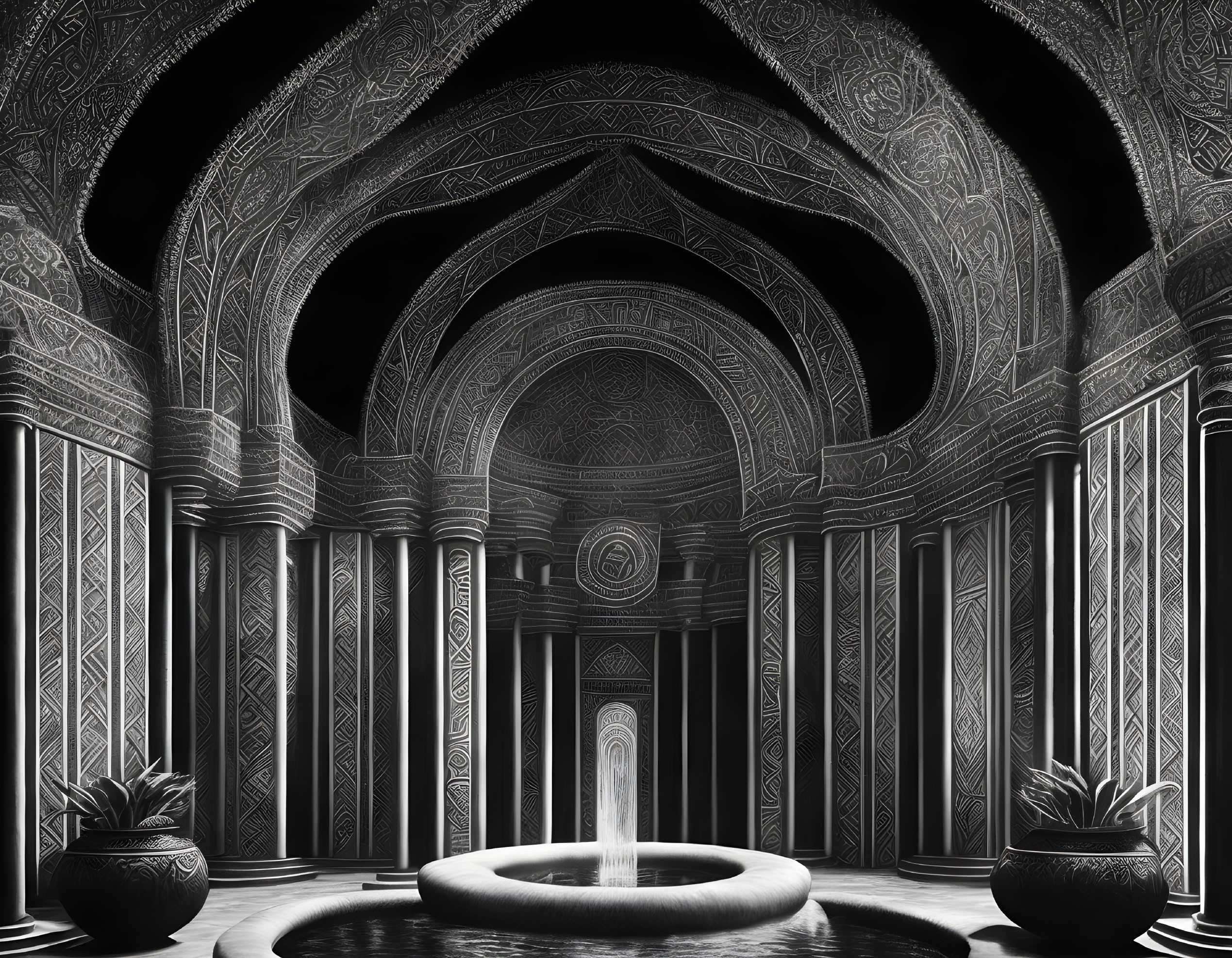 Monochrome ornate interior with columns, arches, and fountain