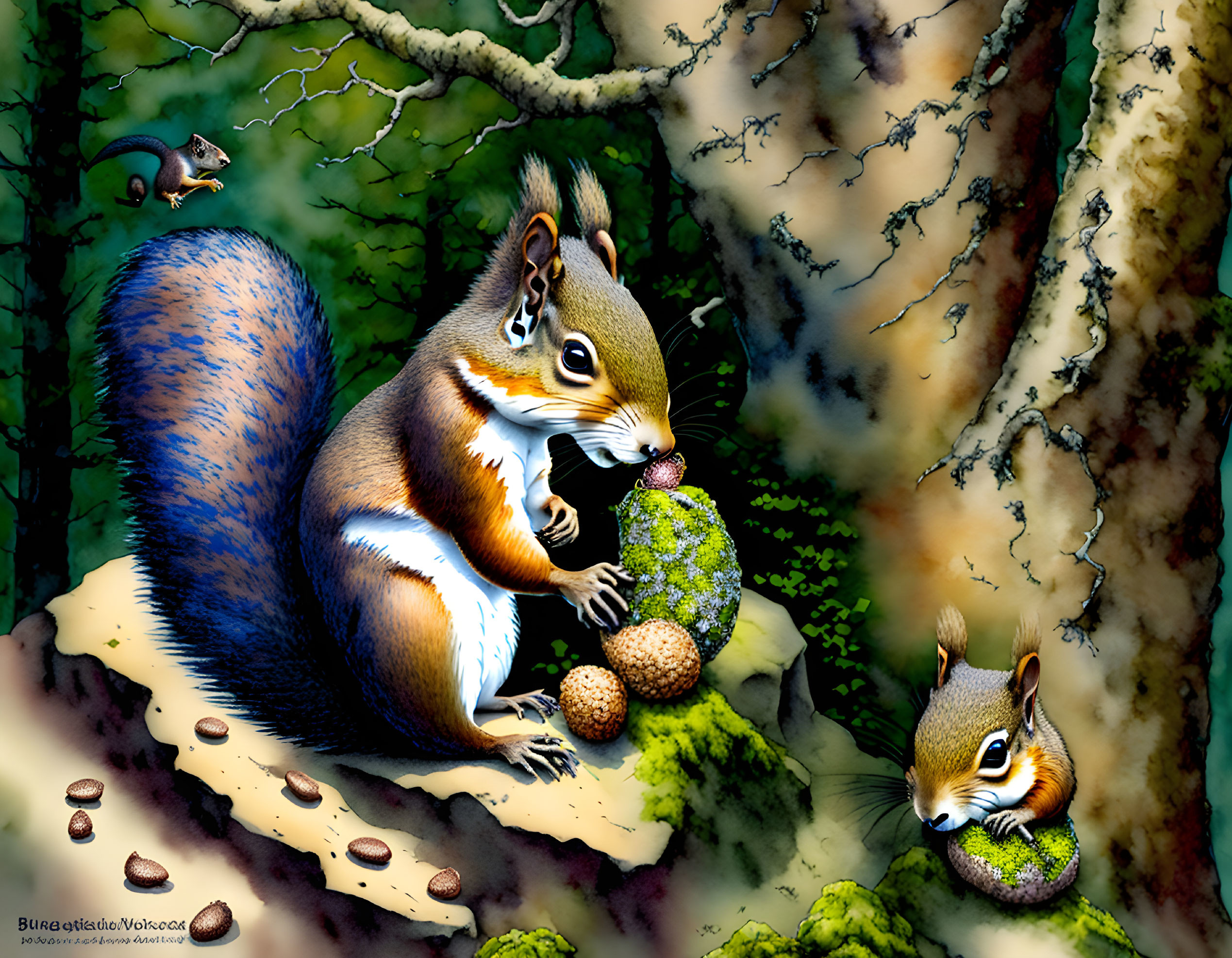 Colorful Forest Scene: Three Squirrels with Pinecone and Acorns