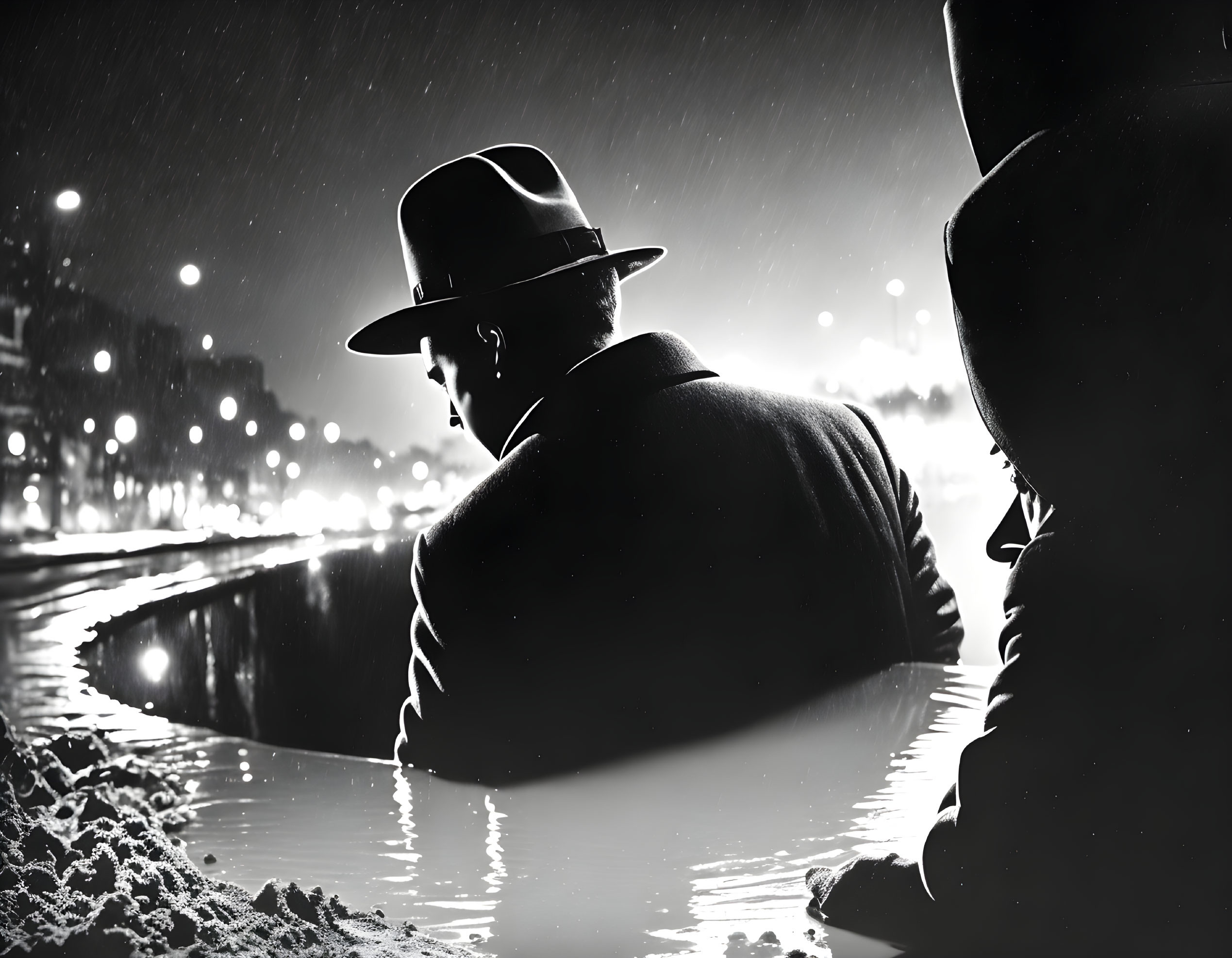 Monochrome image: Silhouettes with hats in snowy urban night