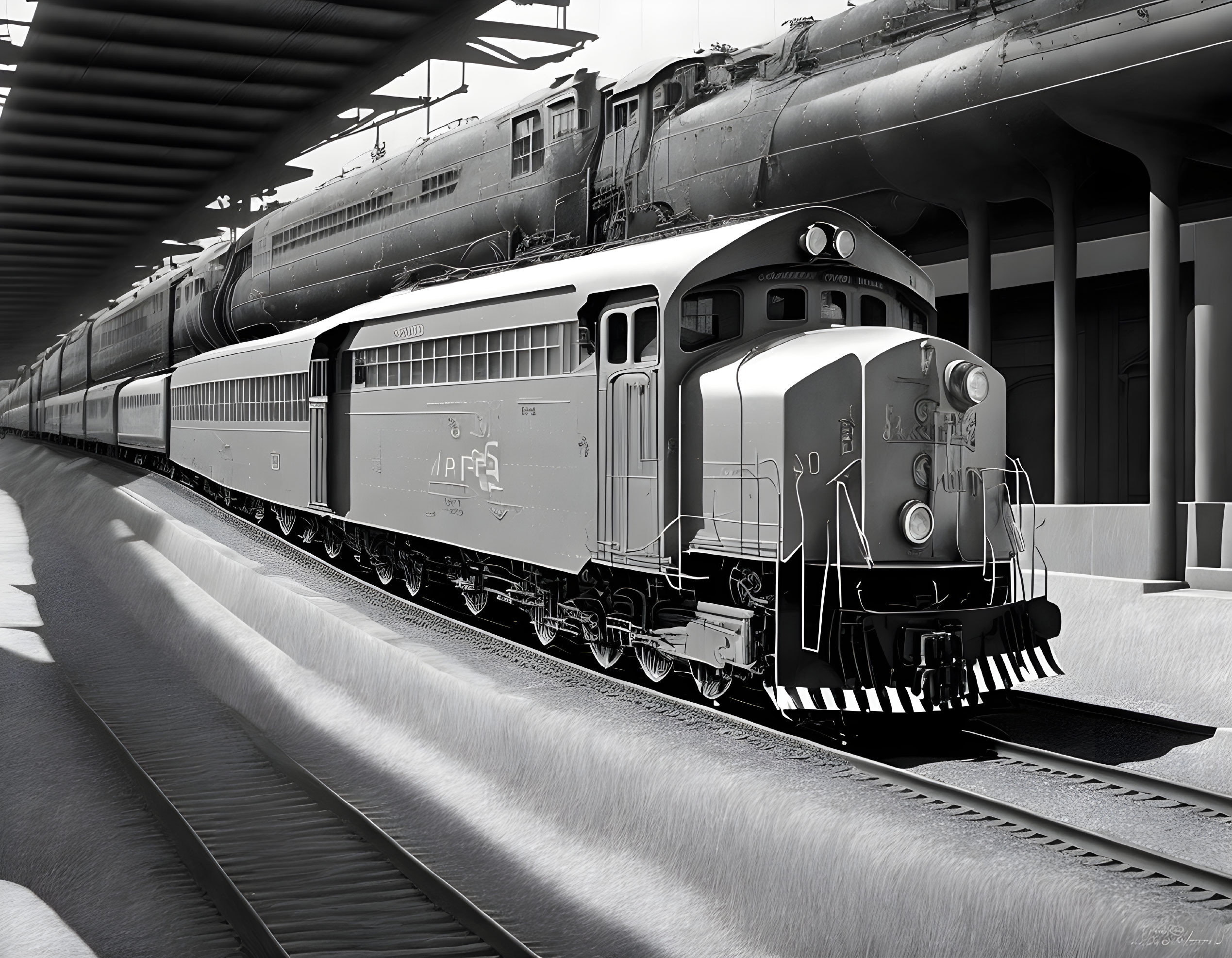 Vintage locomotive at station platform in black and white, showcasing detailed shadows and highlights.