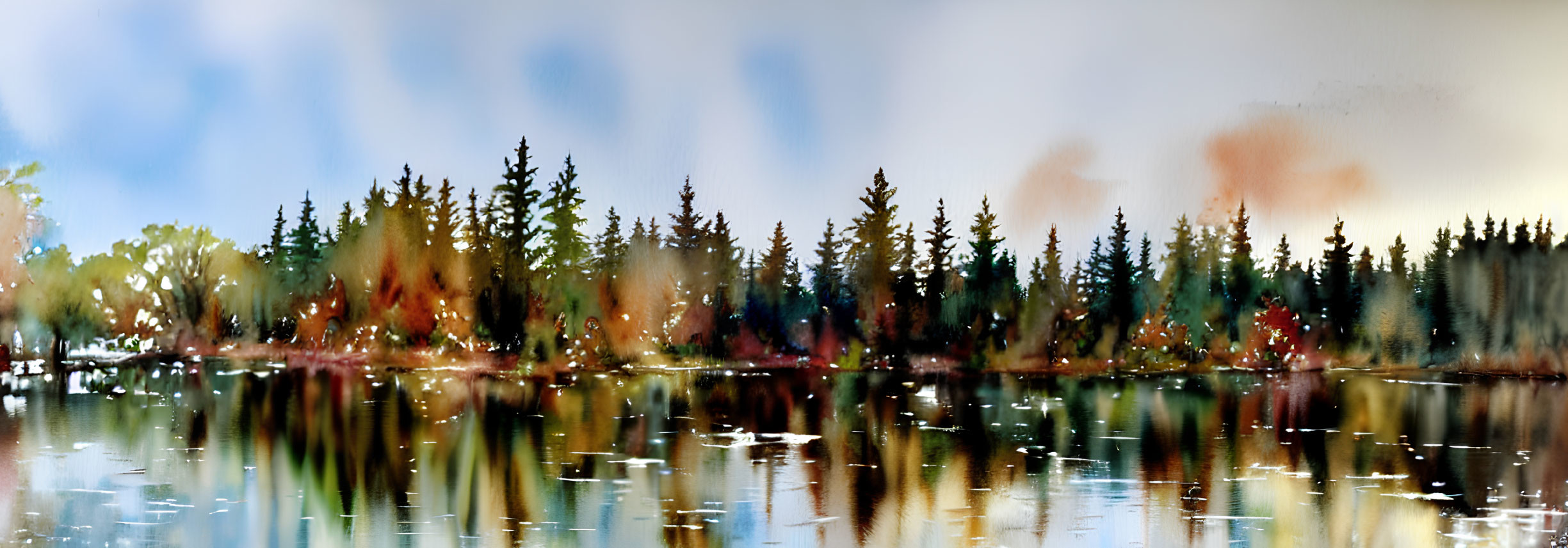 Panoramic watercolor painting of serene forest and lake in autumn.