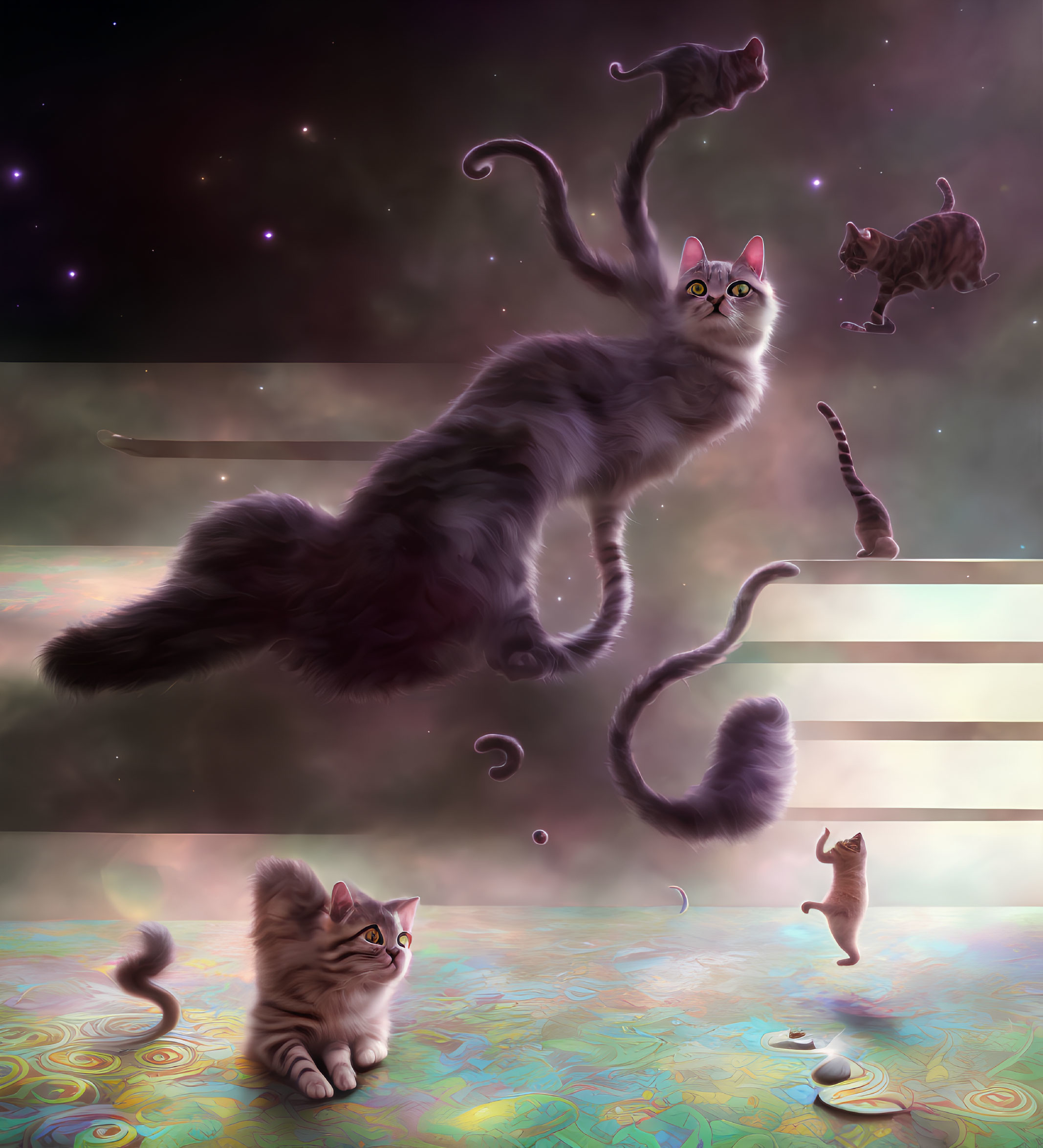 Whimsical surreal illustration of floating cats in cosmic setting