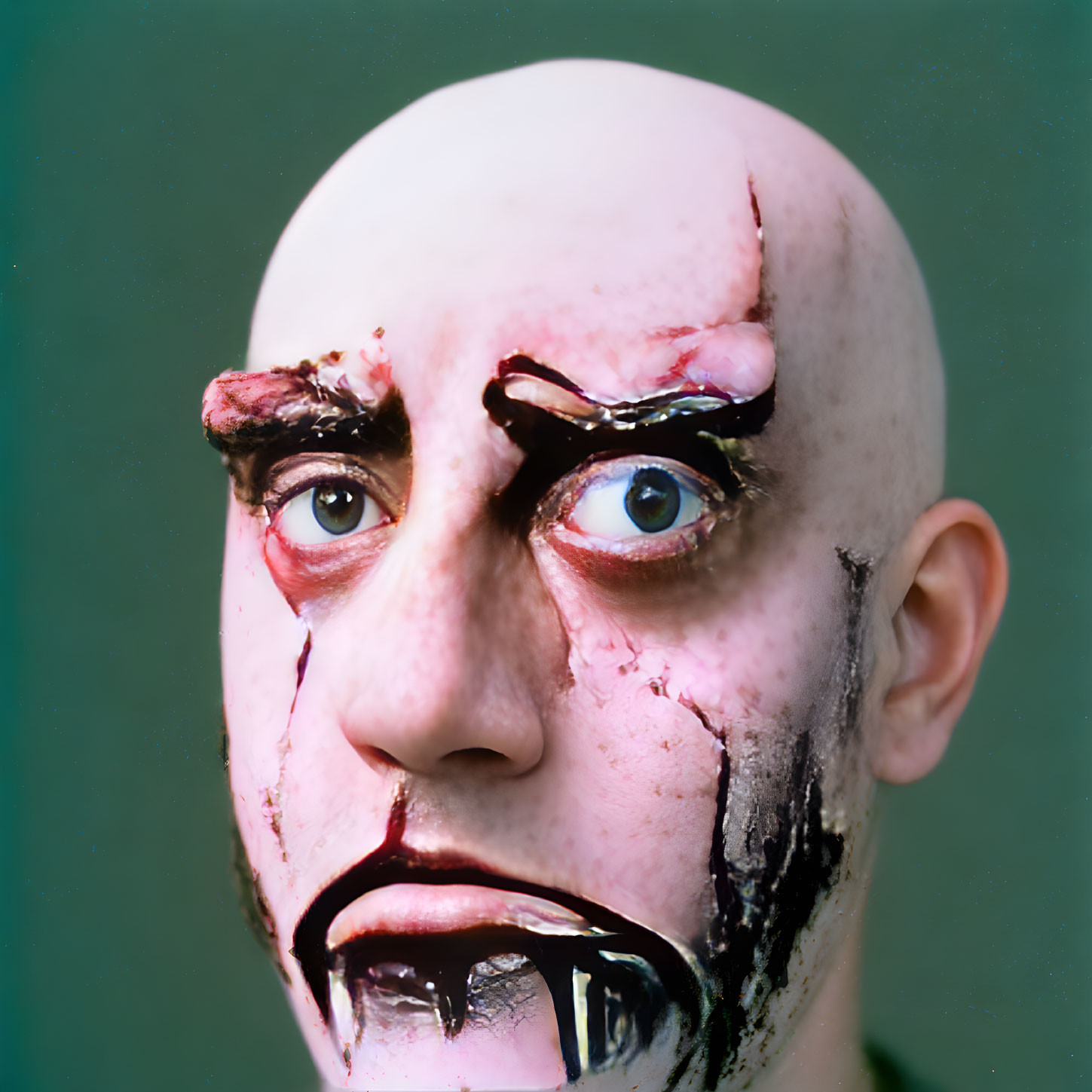 Person with dramatic gory-themed makeup and exaggerated forehead eyes.