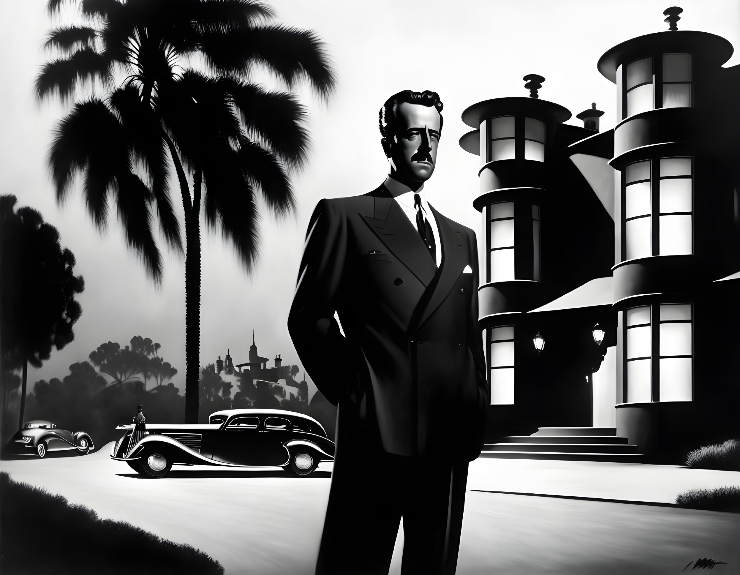 Monochrome illustration of a dapper man in suit with vintage cars and palm trees