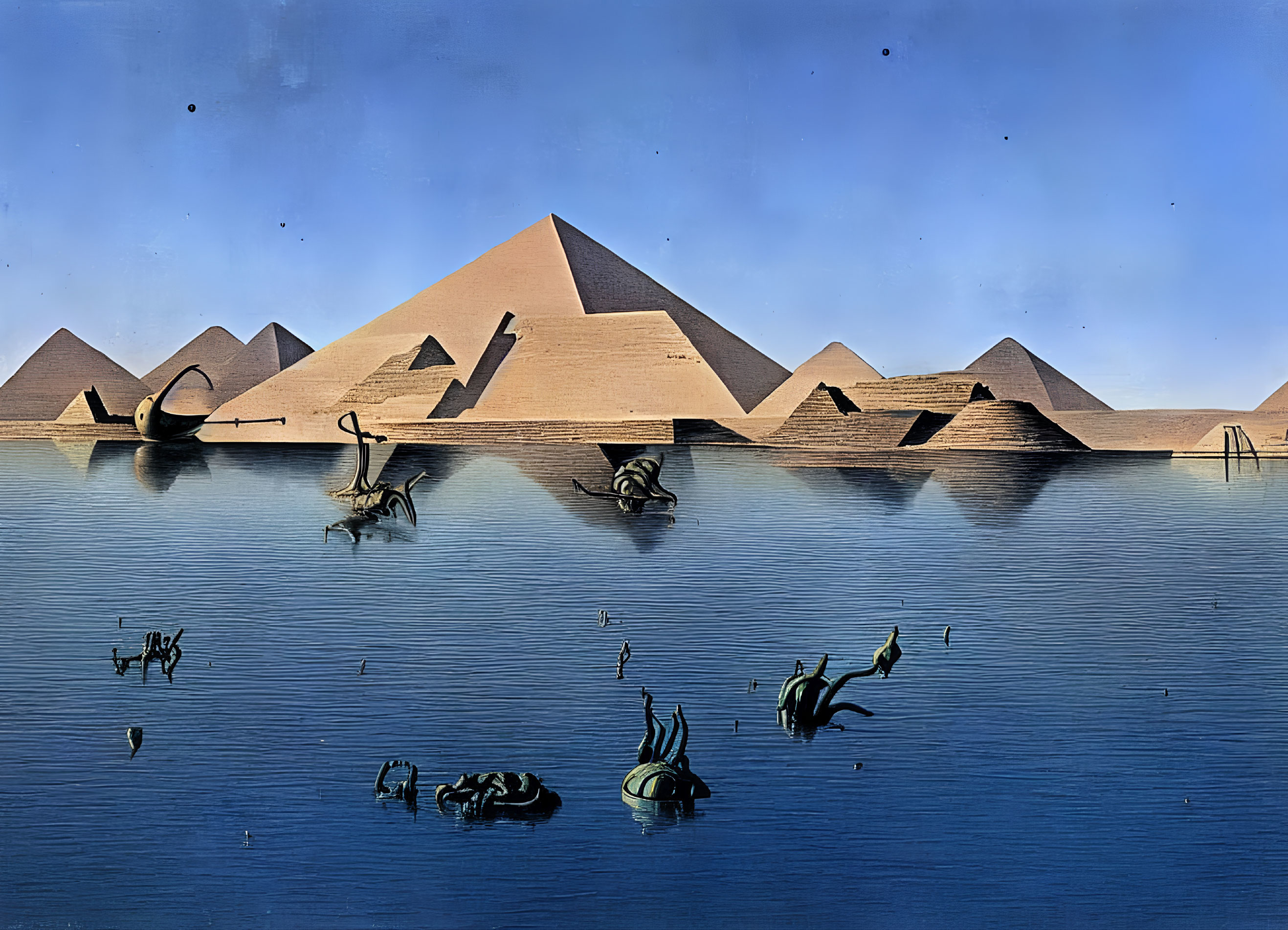 Surrealist artwork with doubled Egyptian pyramids and floating Anubis statues