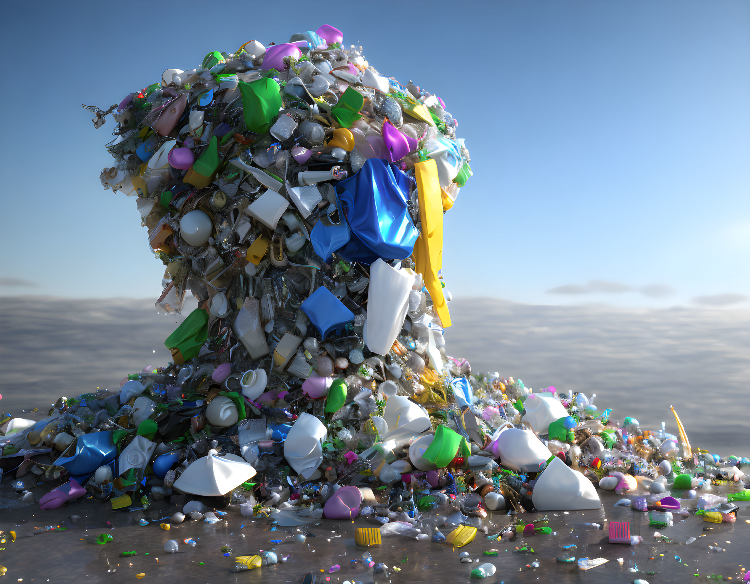 Assorted plastic waste pile against cloudy sky - pollution illustration