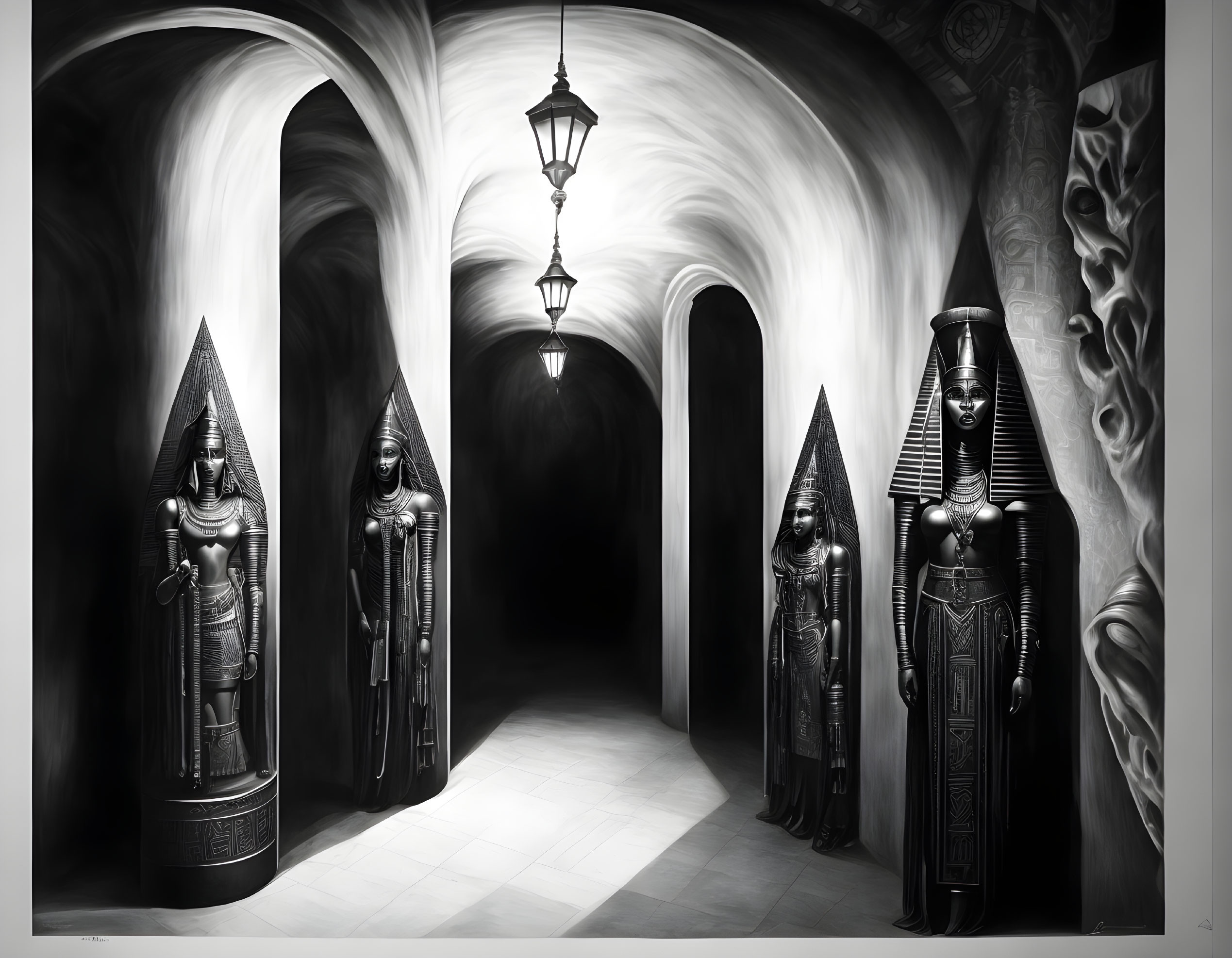 Monochrome hallway with Egyptian sarcophagi and hanging lantern