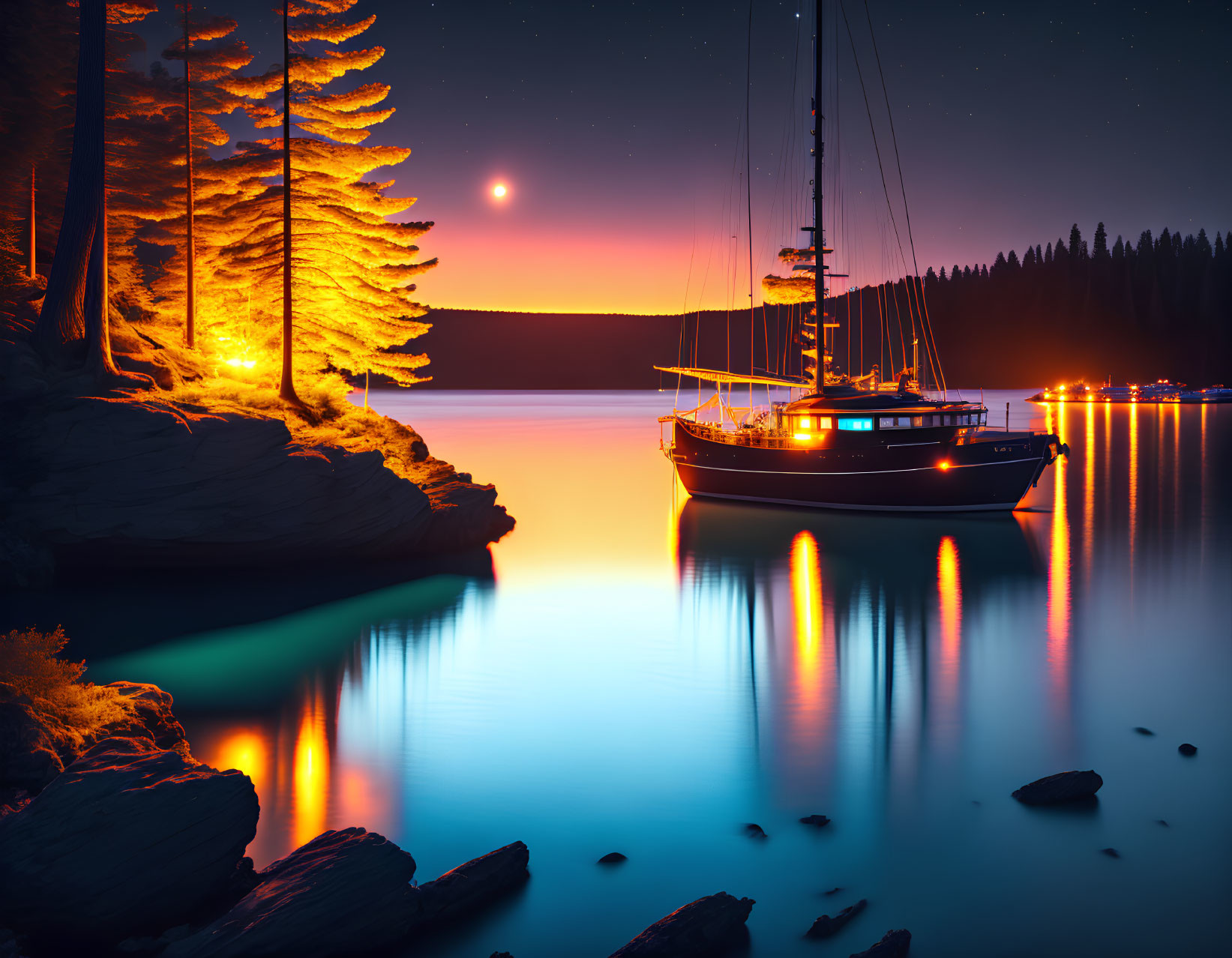 Tranquil night landscape with boat, moonlit trees, and calm waters