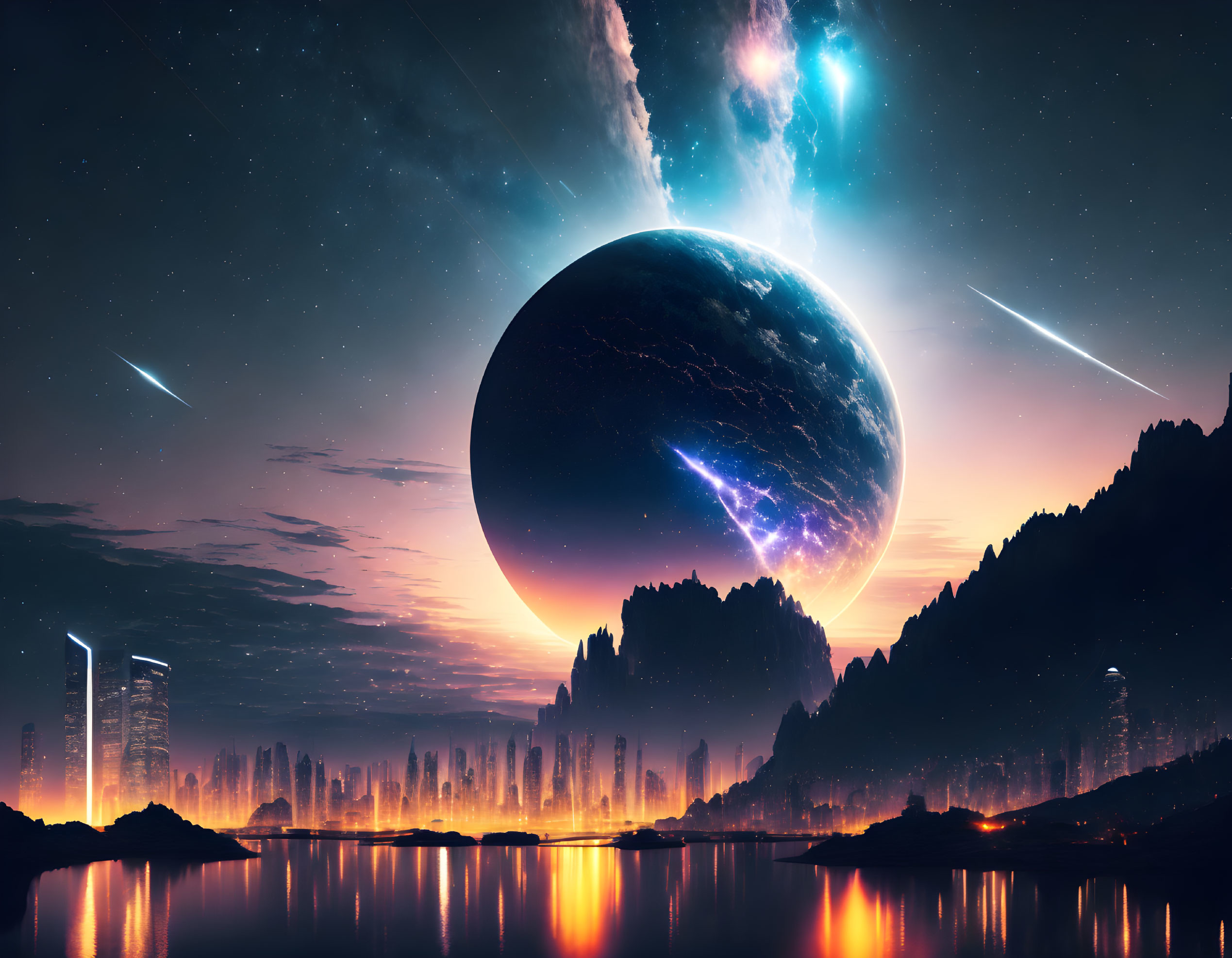 Nighttime futuristic cityscape with celestial bodies, meteors, nebula, and water reflection