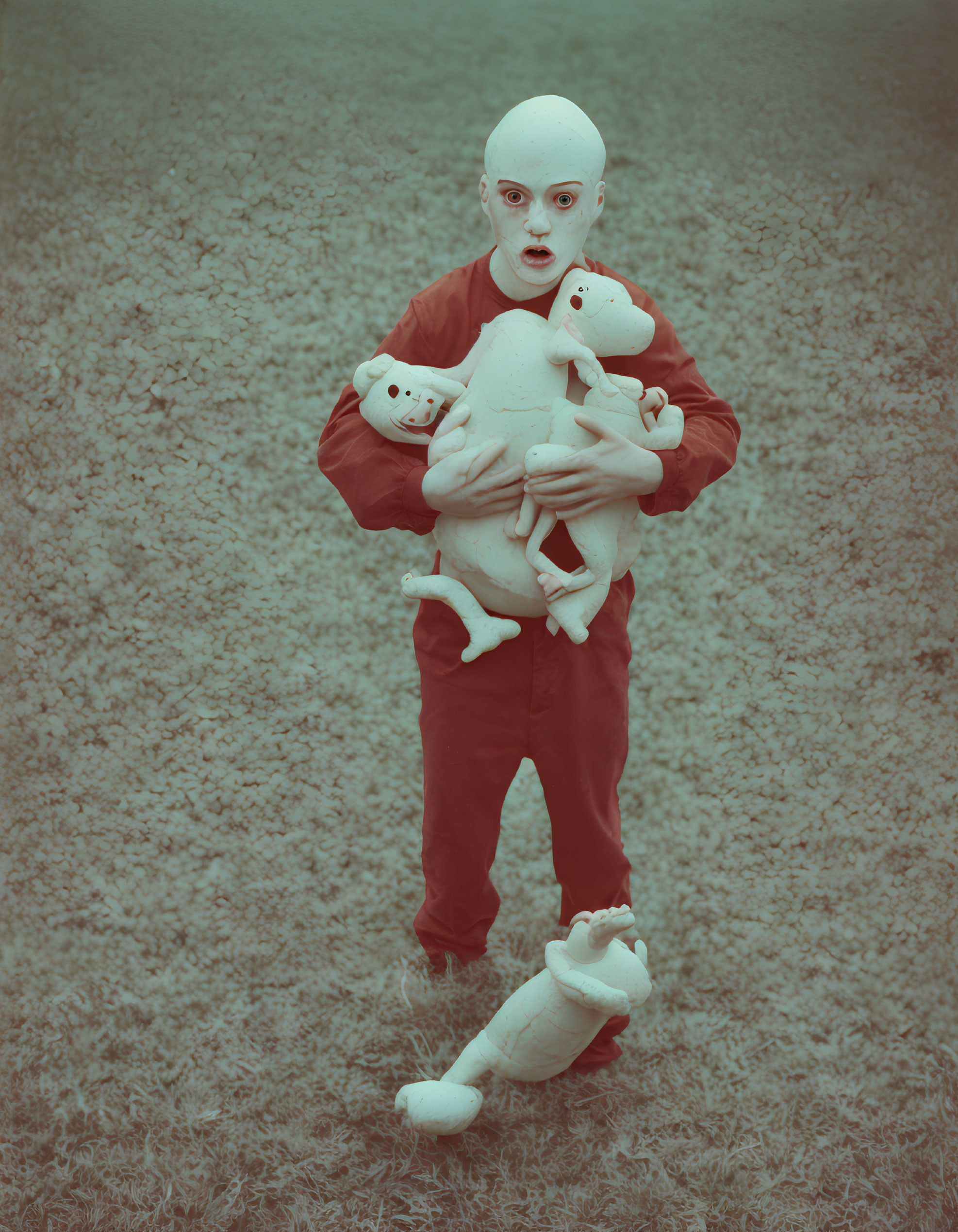 Bald person in red clothing with dolls on grassy background