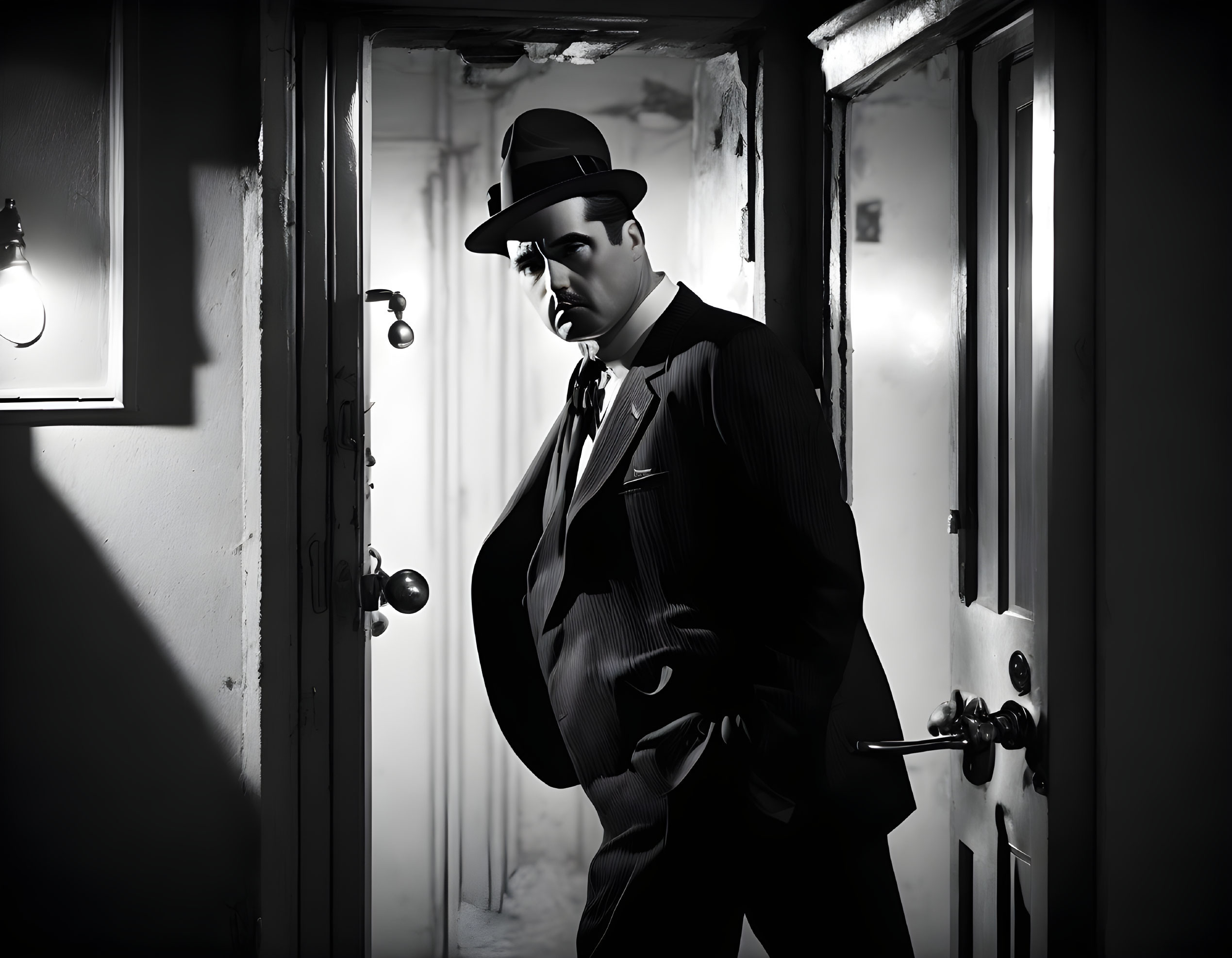 Monochrome image of man in vintage suit and fedora hat standing in doorway