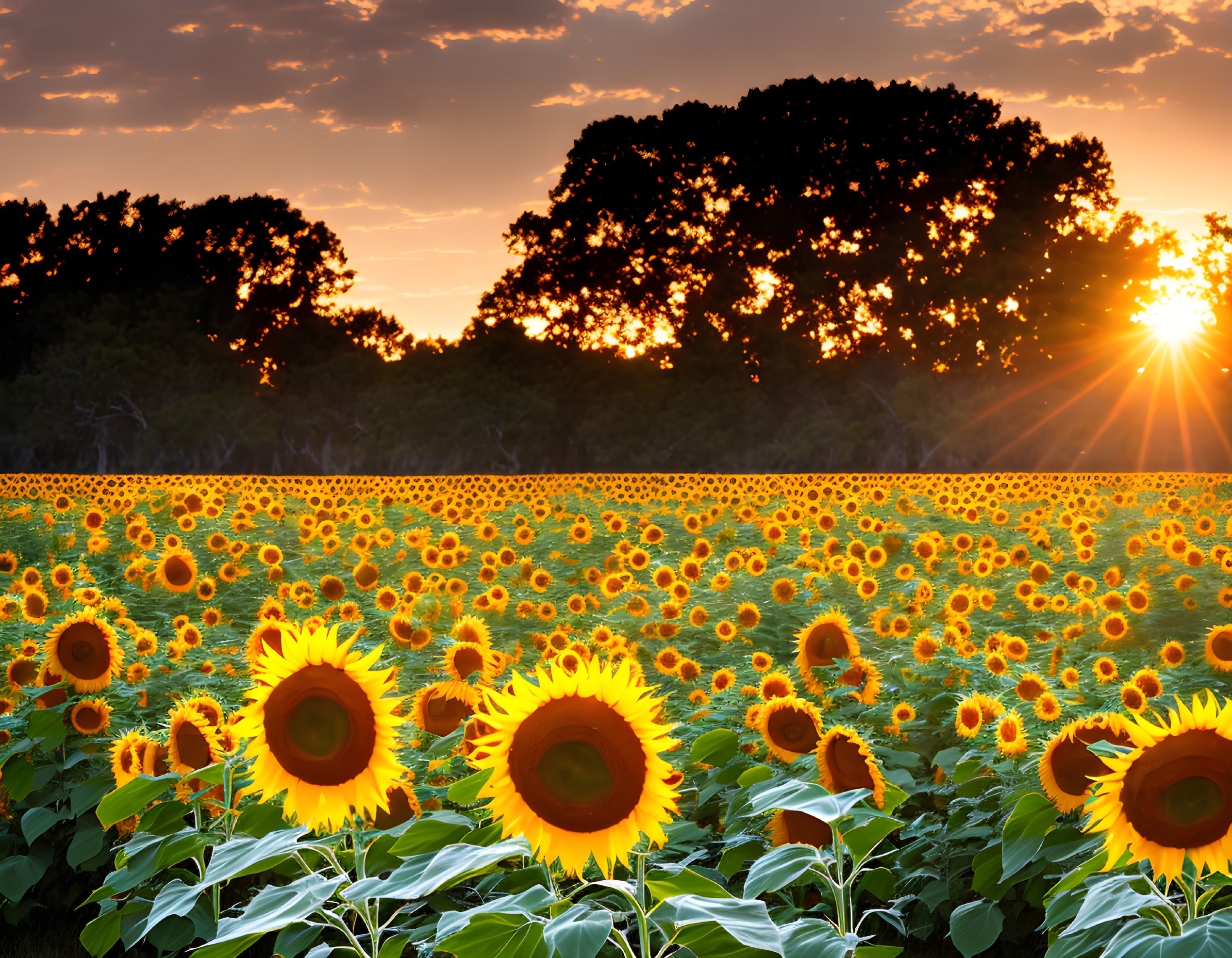 Sunflowers in full bloom under setting sun with tree silhouettes.