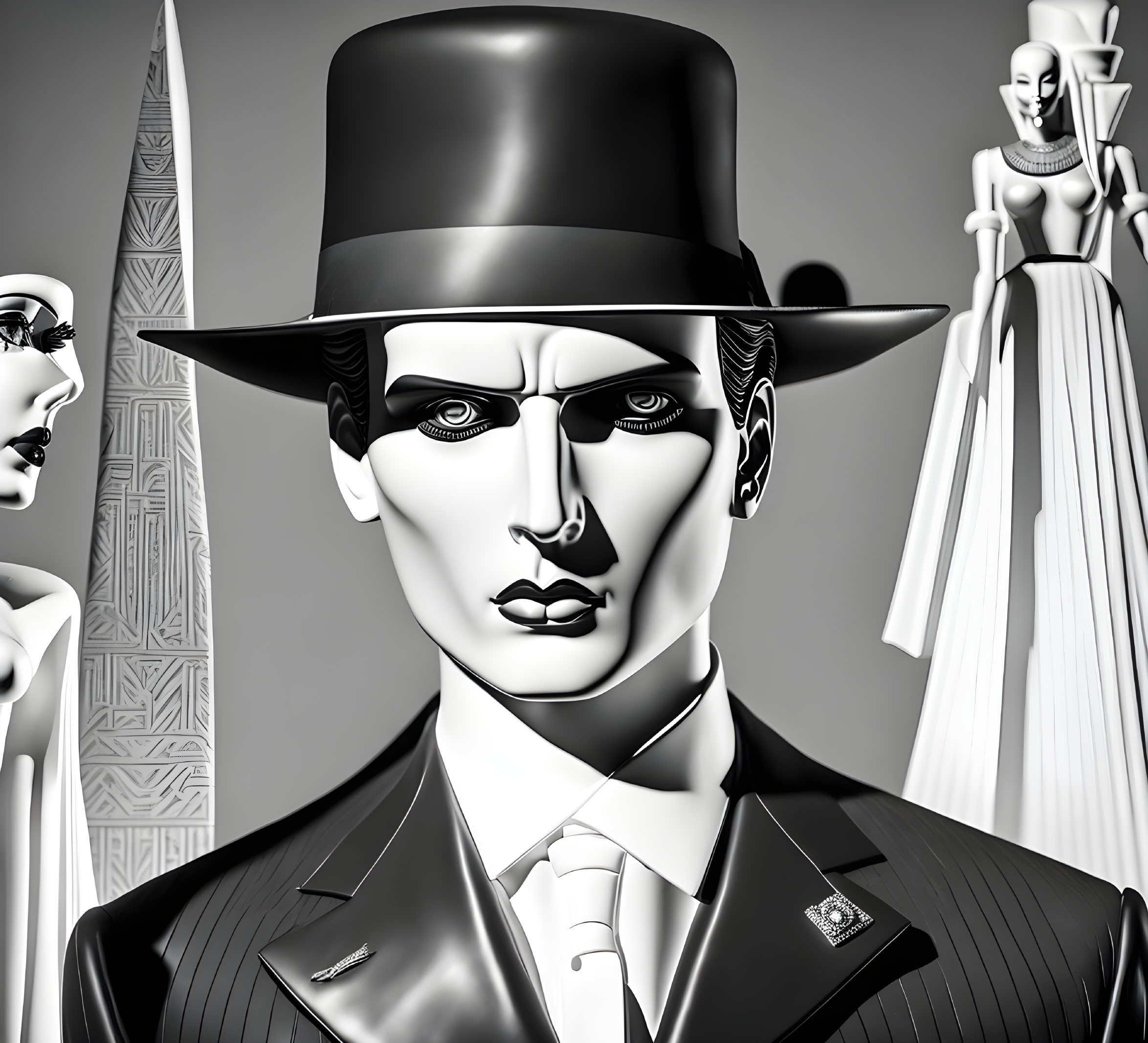 Monochrome surreal art with mannequin-like figures and man in top hat